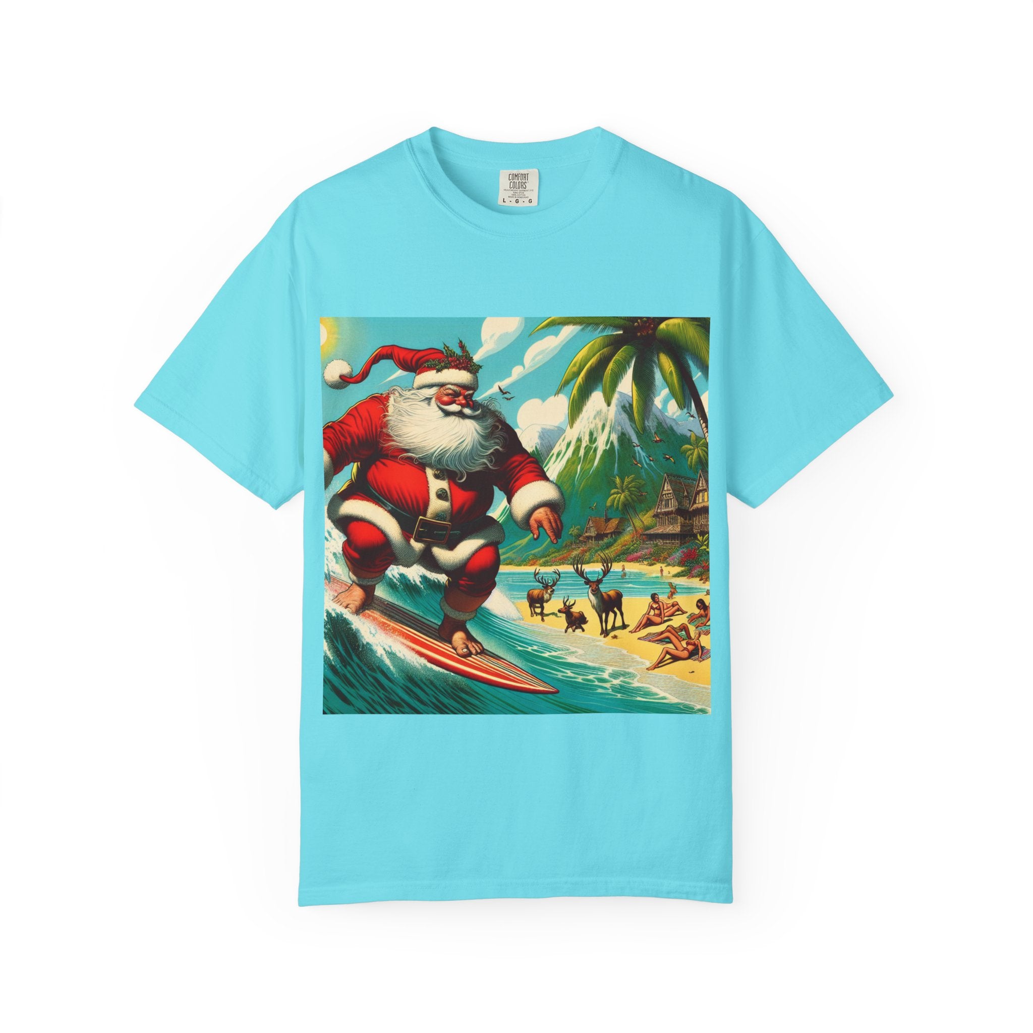 Surfing Santa Unisex T-Shirt, Christmas Tee, Holiday Wear, Funny T-Shirt, Summer Vibes, Gift for Him/Her, Beach Apparel