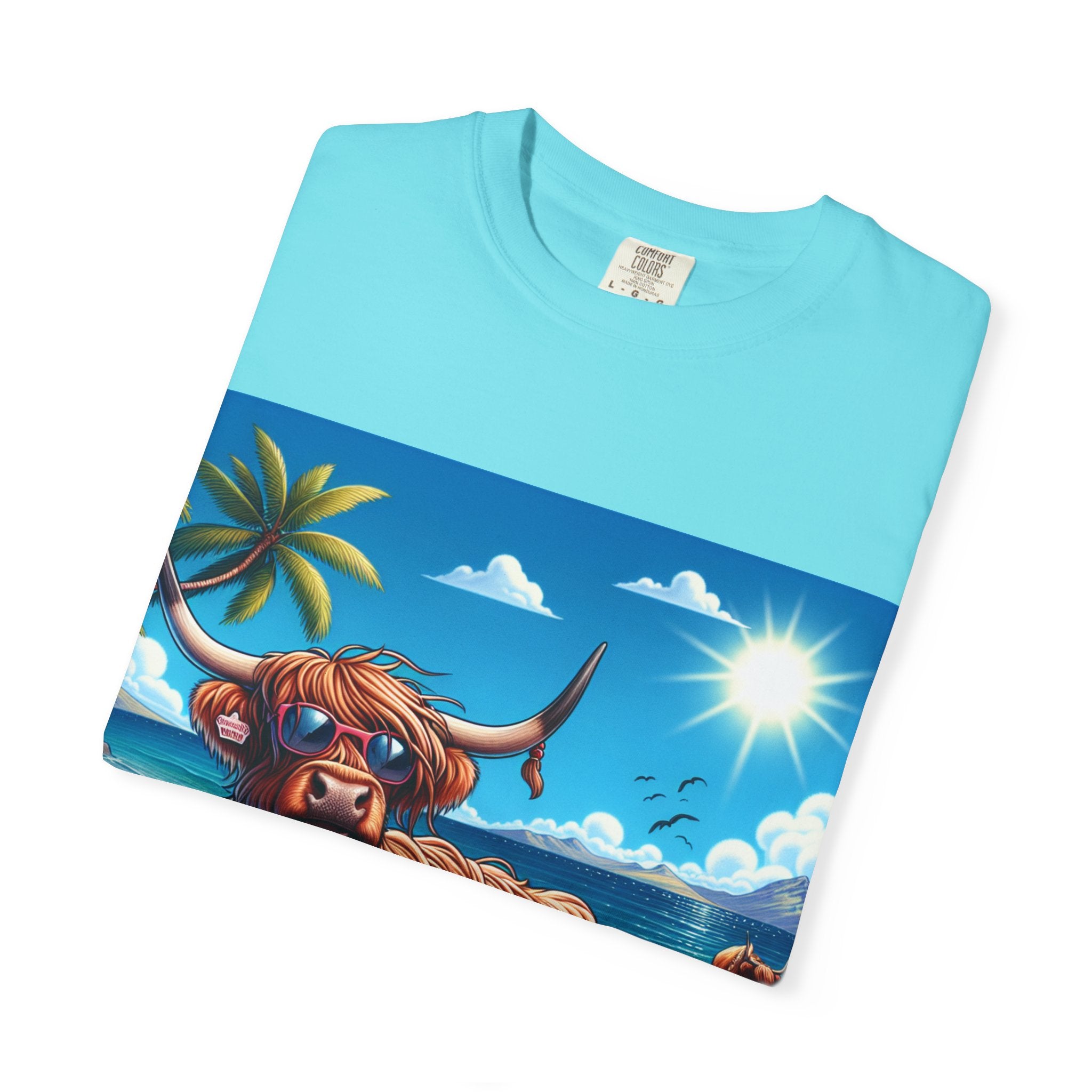 Highland Cow Beach Vibe T-Shirt, Garment-Dyed, Summer Apparel, Relaxed Fit Tee, Perfect for Beach Days, Gift for Animal Lovers