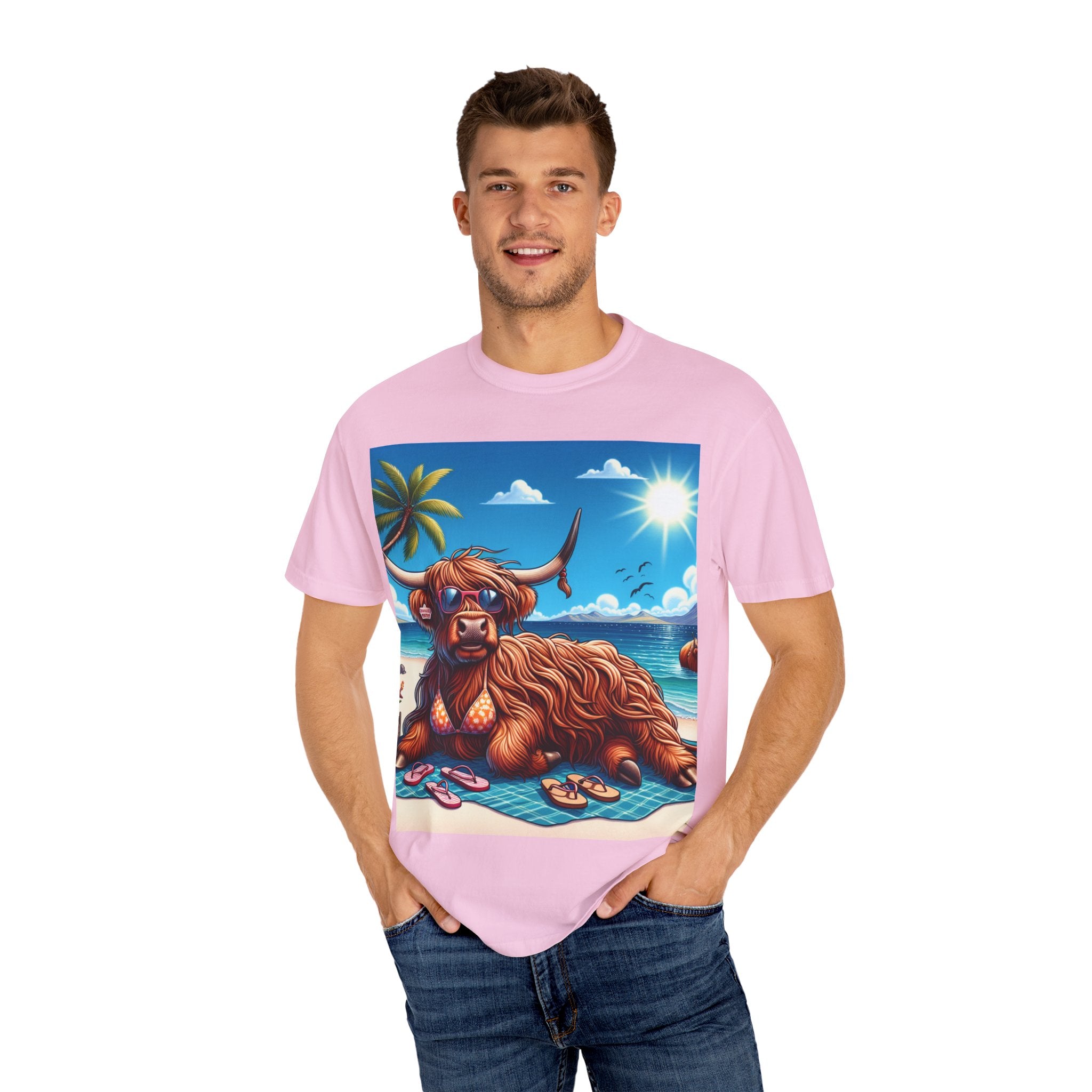 Beachy Highland Cow T-shirt | Unisex Garment-Dyed Tee, Relaxed Summer Fashion, Animal Lover Gift, Vacation Wear, Fun Graphic Tee