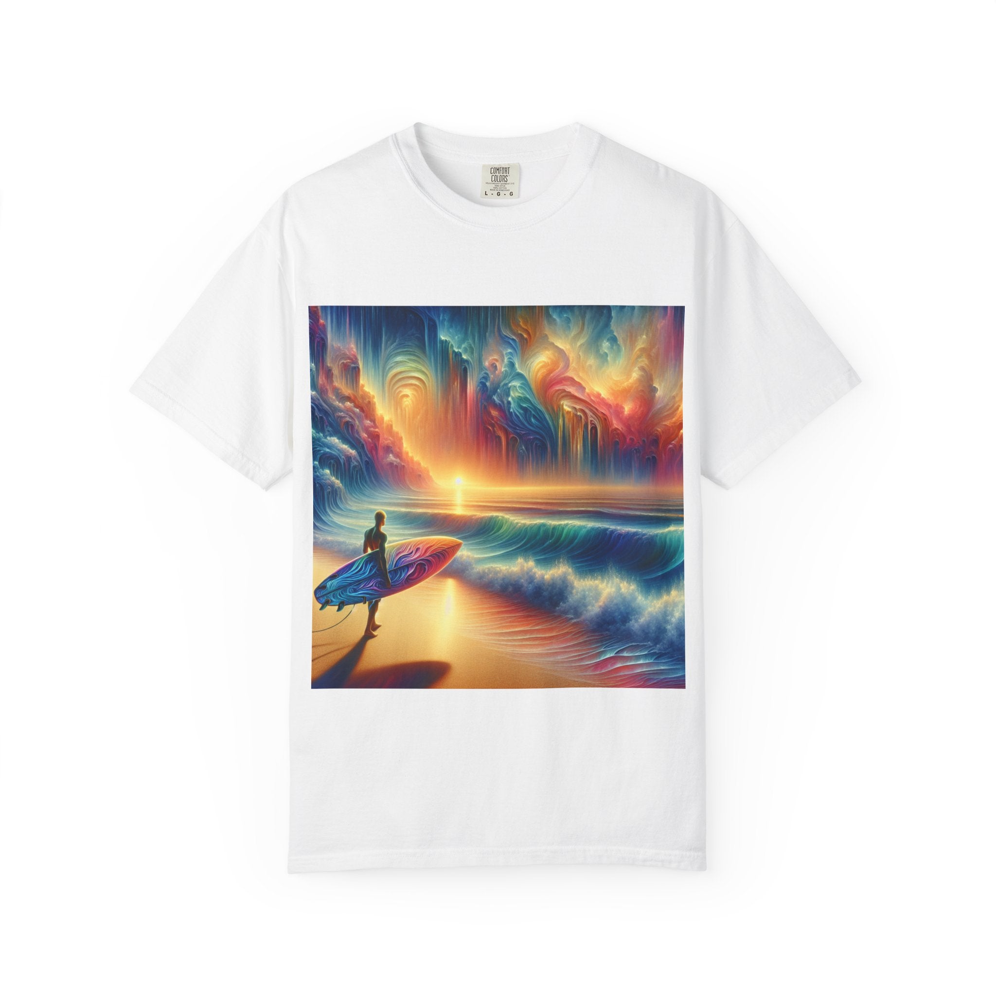 Vibrant Surfing Sunset T-Shirt, Beach Lover Gift, Summer Aesthetic, Unisex Apparel, Adventure Clothe, Travel Essential
