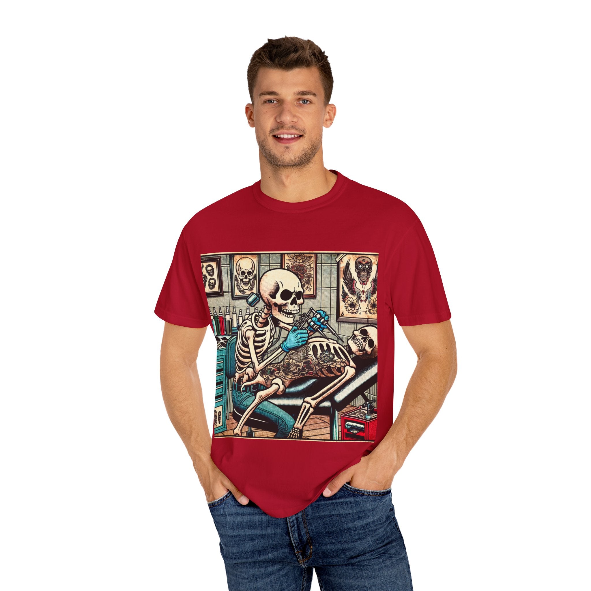 Skeleton Tattoo Shop Unisex T-Shirt, Unique Graphic Tee, Alternative Fashion, Halloween Costume, Gift for Tattoo Lovers