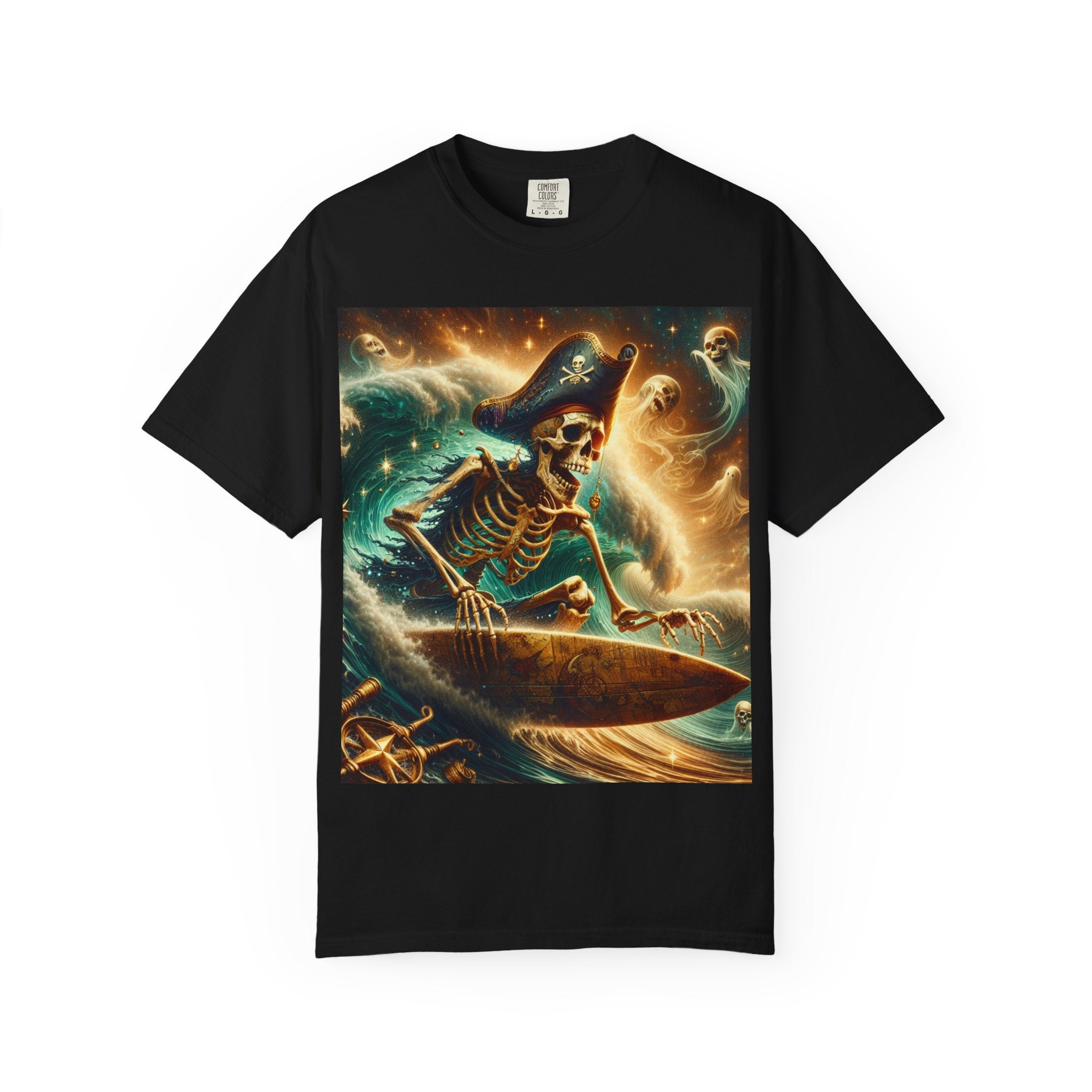 Surfing Skeleton Graphic T-shirt, Halloween Apparel, Pirate T-shirt, Unisex Summer Shirt, Beachwear, Gift for Surfers