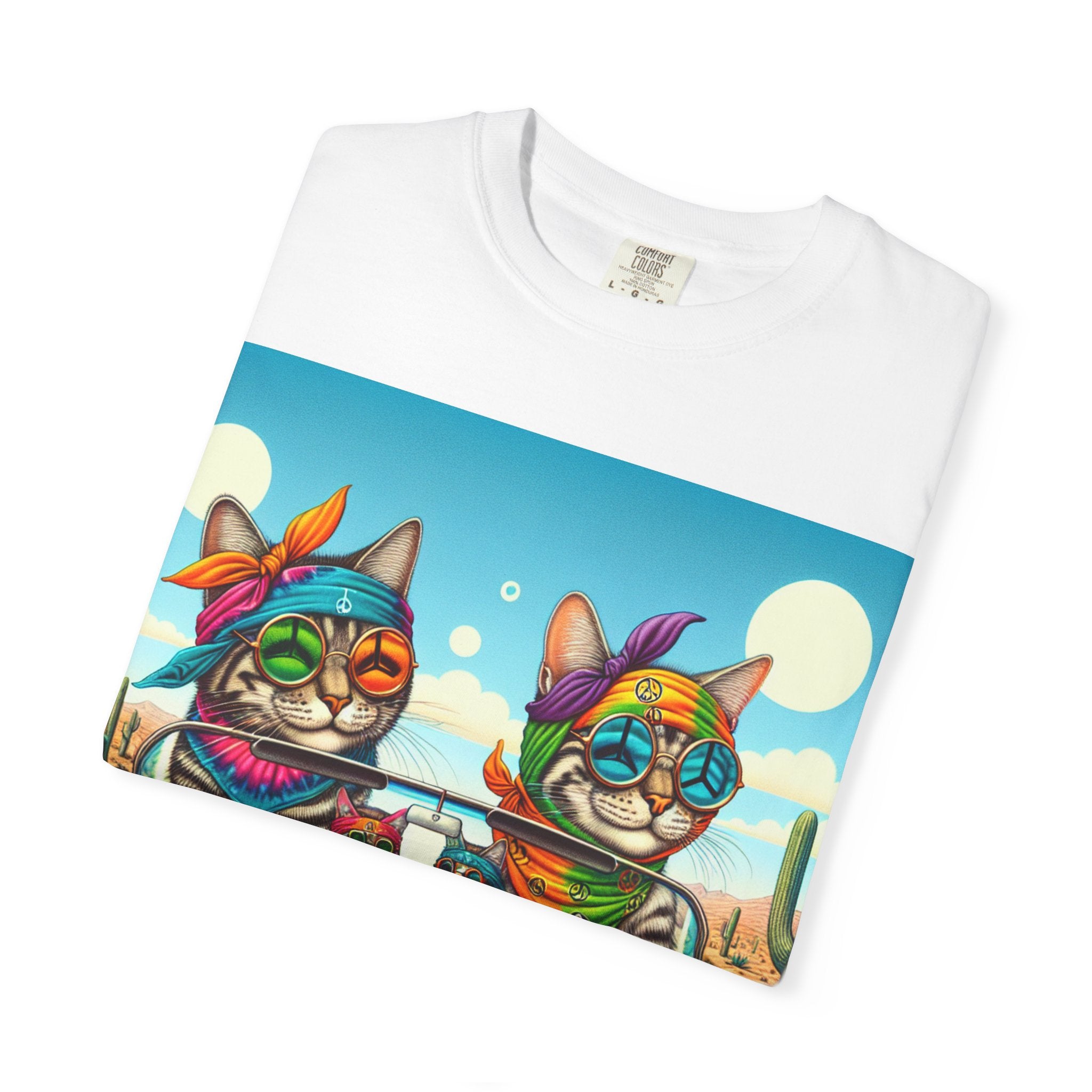 Vibrant Cat Road Trip Unisex T-shirt, Colorful Summer Tee, Gift for Cat Lovers, Festival Apparel, Cute Pet T-shirt, Boho Cat Style