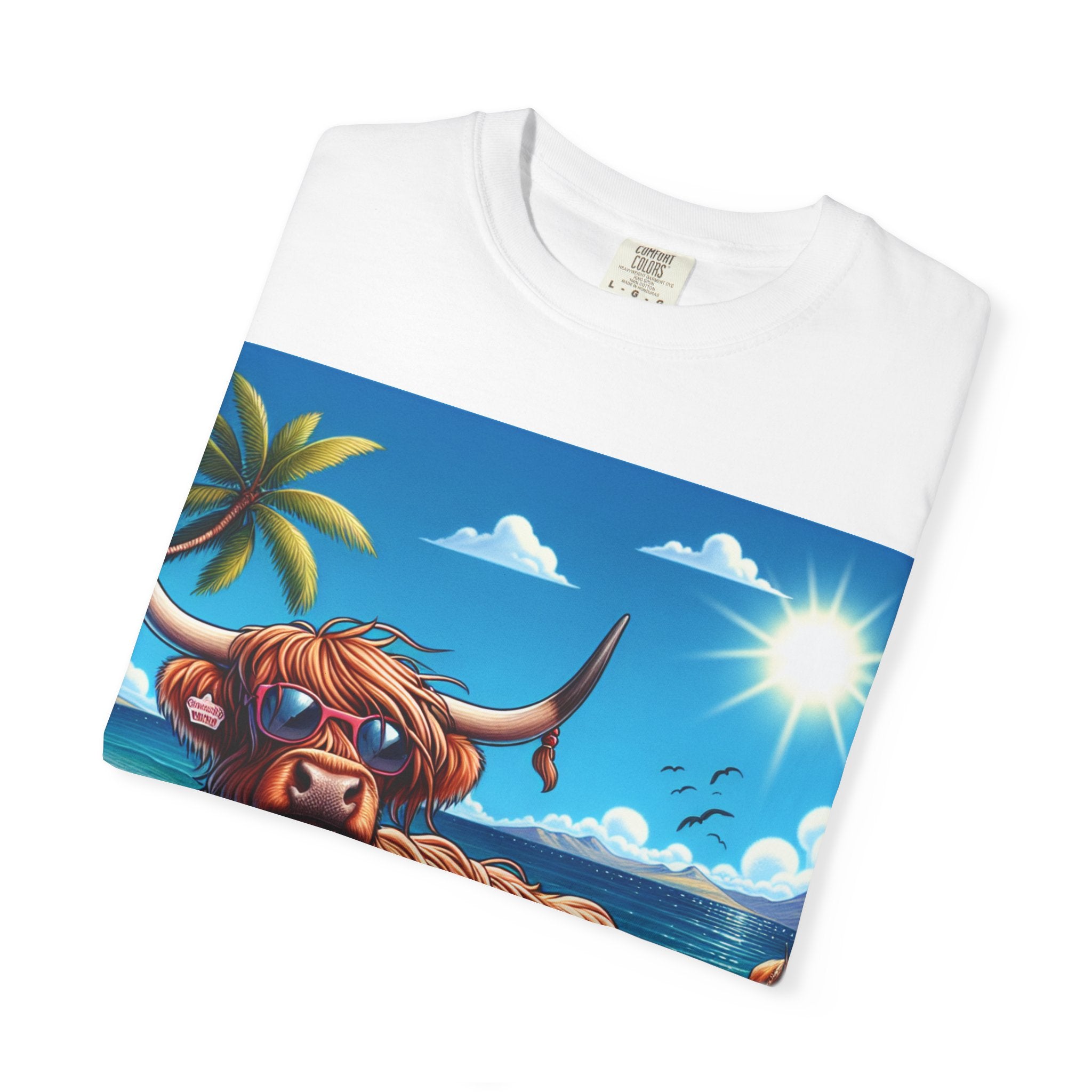 Beachy Highland Cow T-shirt | Unisex Garment-Dyed Tee, Relaxed Summer Fashion, Animal Lover Gift, Vacation Wear, Fun Graphic Tee