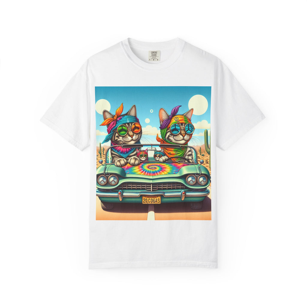 Vibrant Cat Road Trip Unisex T-shirt, Colorful Summer Tee, Gift for Cat Lovers, Festival Apparel, Cute Pet T-shirt, Boho Cat Style