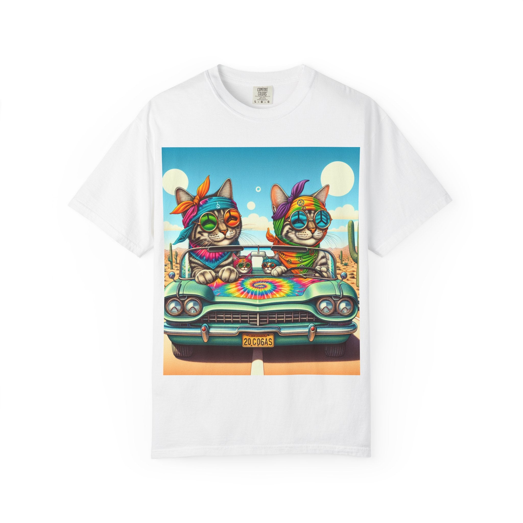 Vibrant Cat Road Trip Unisex T-shirt, Colorful Summer Tee, Gift for Cat Lovers, Festival Apparel, Cute Pet T-shirt, Boho Cat Style