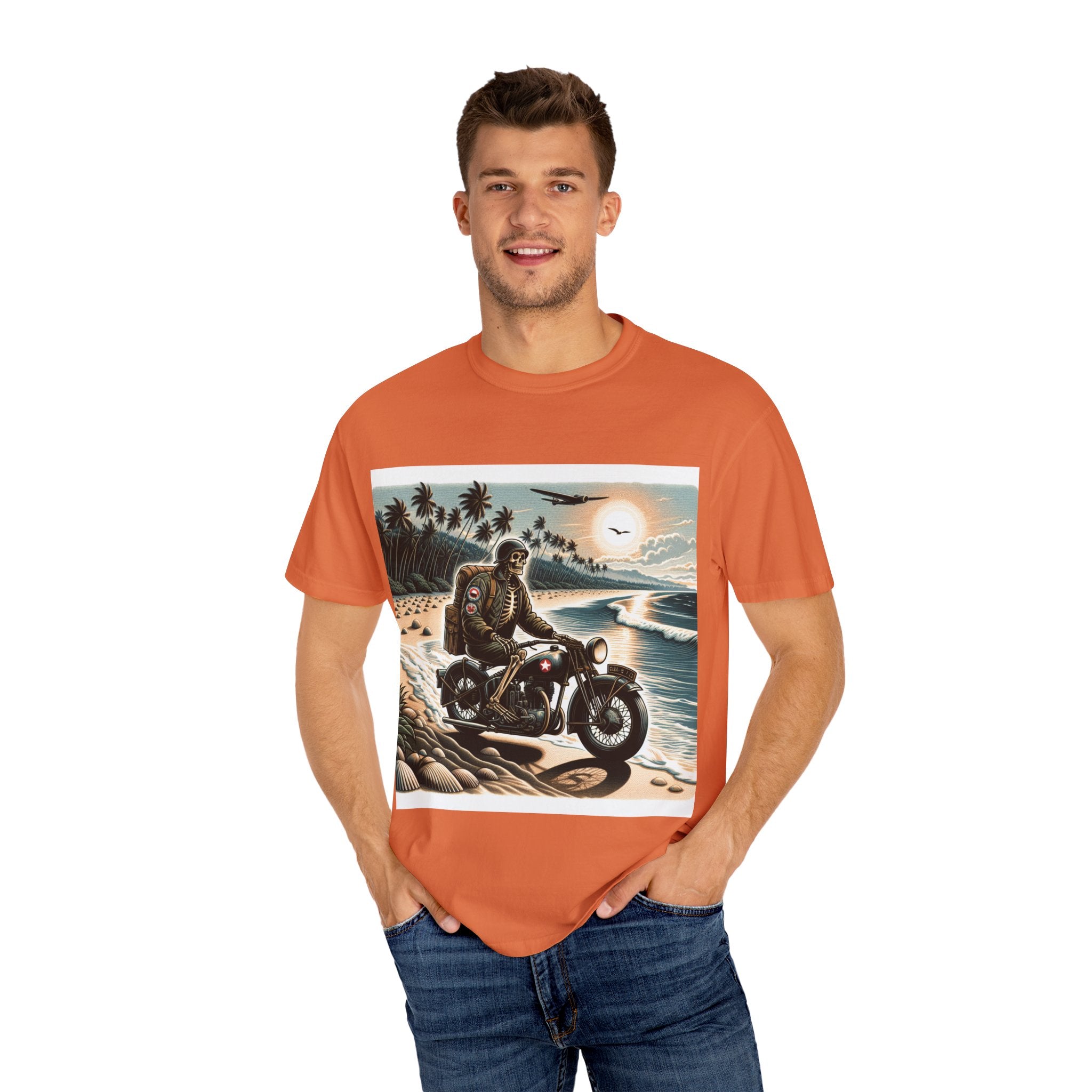 Vintage Motorcycle Beach T-Shirt, Relaxed Style Tee for Bikers, Unisex Graphic Top, Beach Lovers Gift, Adventure Apparel