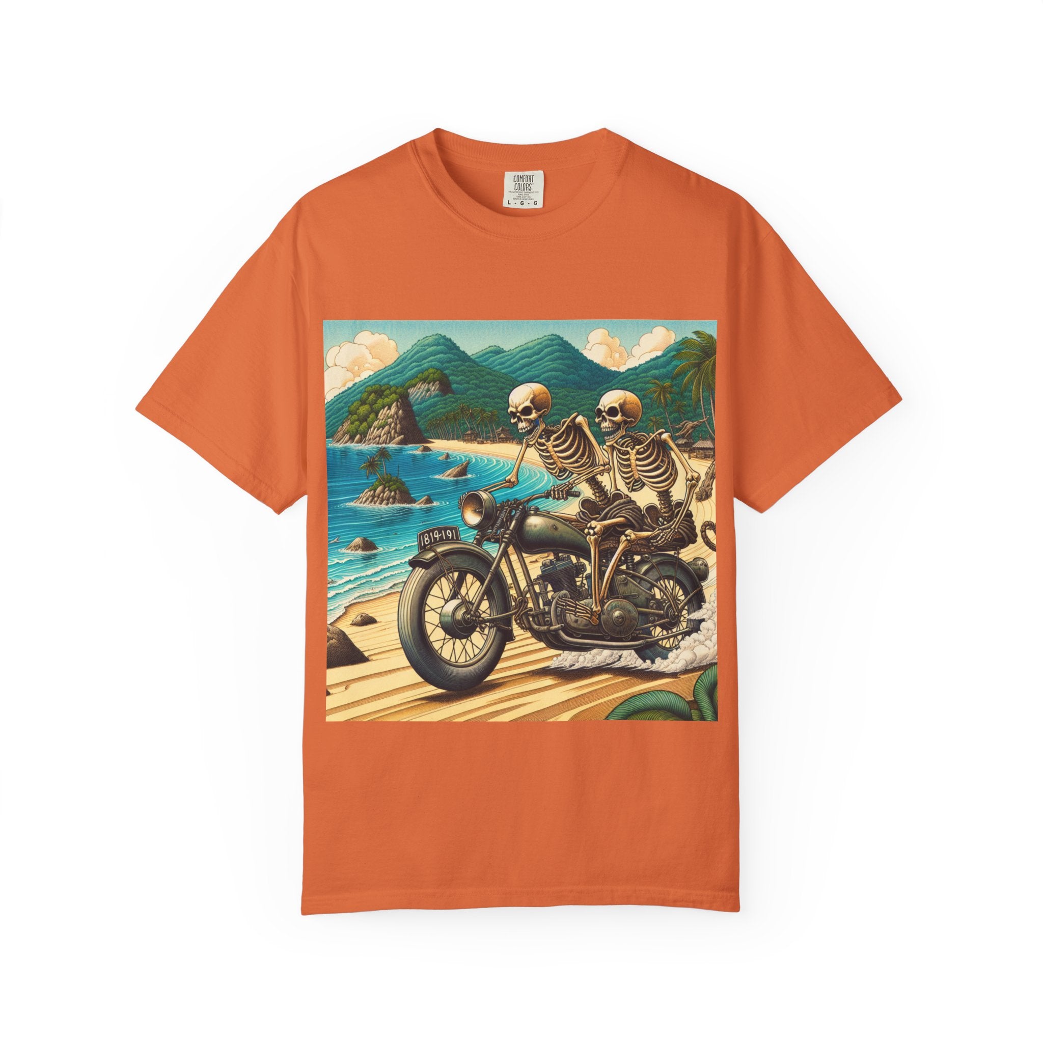 Skeleton Motorcycle Adventure T-Shirt, Casual Graphic Tee, Perfect for Bikers, Halloween, Road Trips, Vintage Style