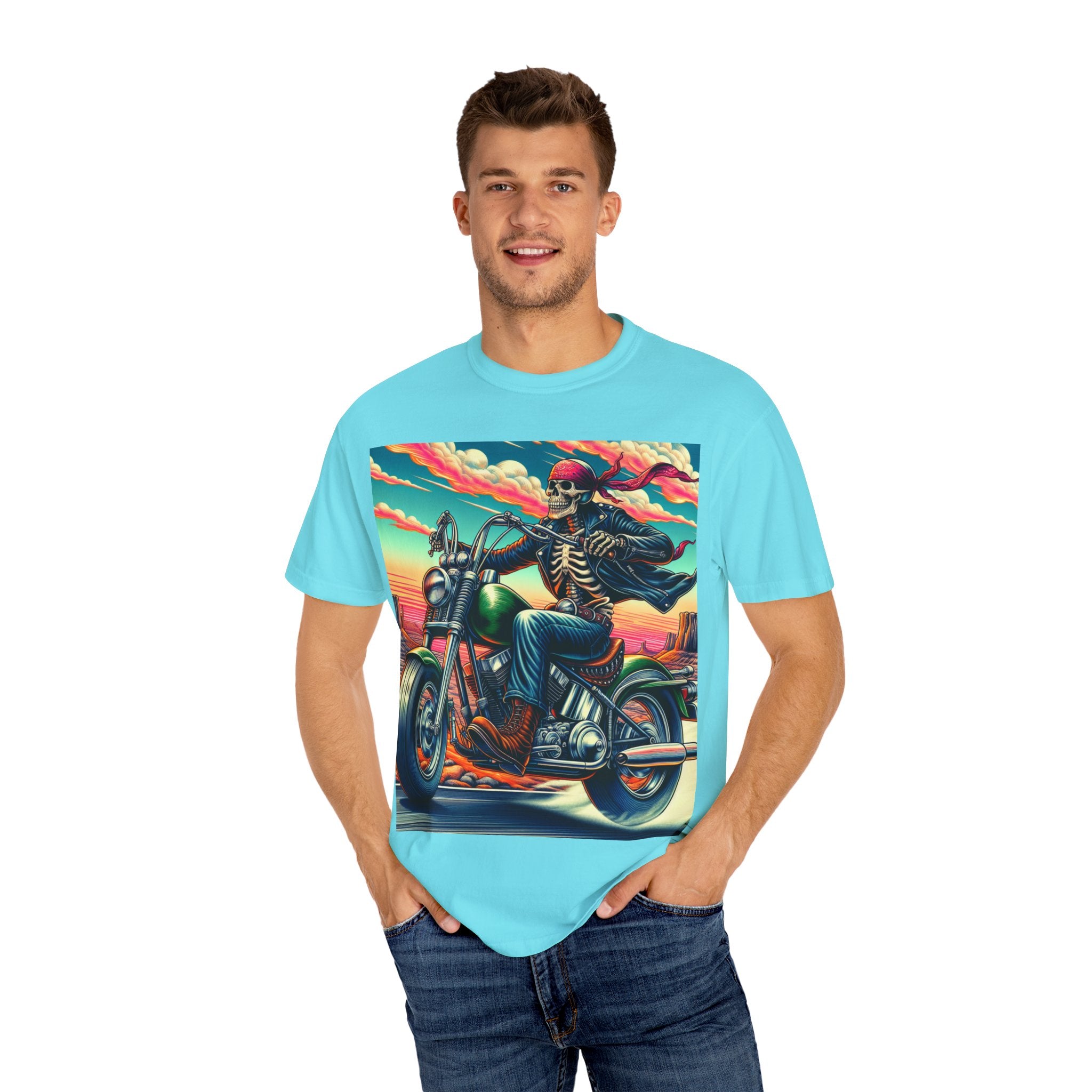 Skeleton Rider T-Shirt - Bohemian Vibe, Perfect for Bikers, Music Festivals, Casual Wear, Gift for Adventurers
