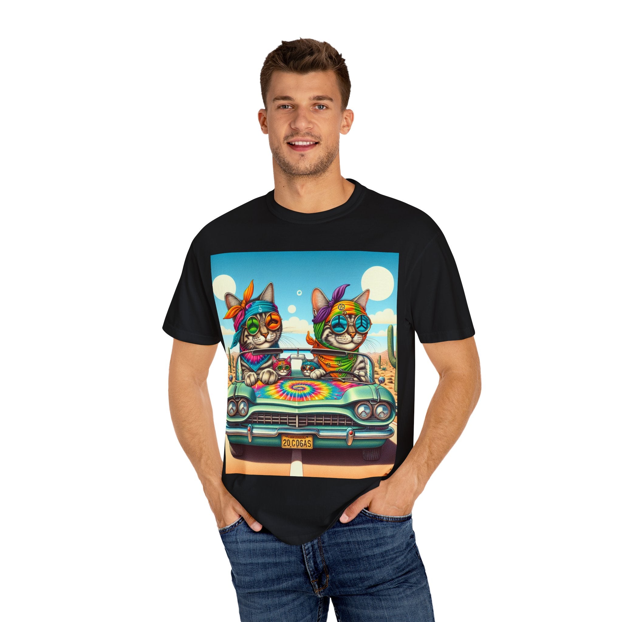 Vibrant Cat Road Trip Unisex T-shirt, Colorful Summer Tee, Gift for Cat Lovers, Festival Apparel, Cute Pet T-shirt, Boho Cat Style
