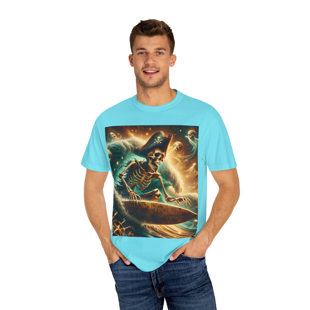 Surfing Skeleton Graphic T-shirt, Halloween Apparel, Pirate T-shirt, Unisex Summer Shirt, Beachwear, Gift for Surfers