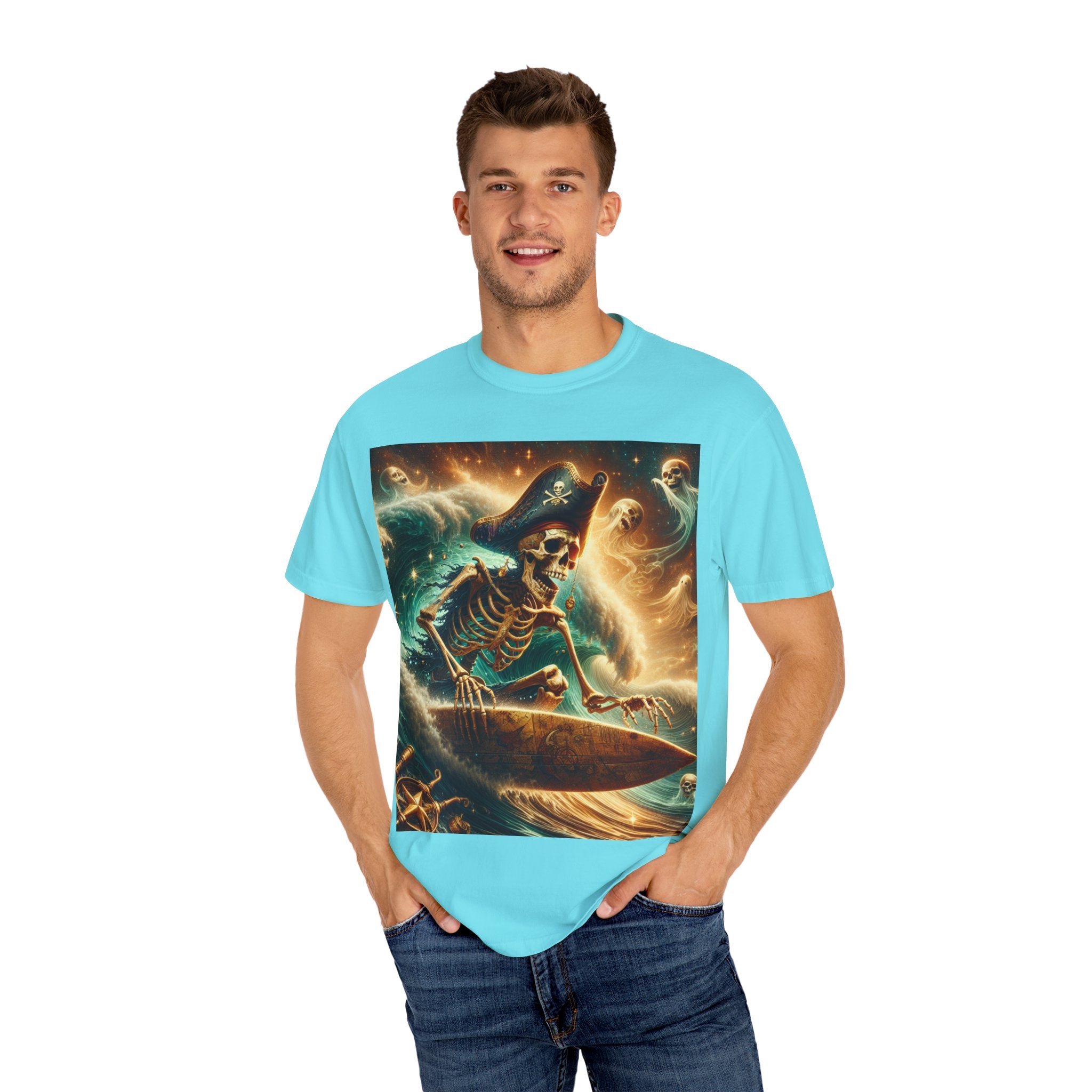 Surfing Skeleton Graphic T-shirt, Halloween Apparel, Pirate T-shirt, Unisex Summer Shirt, Beachwear, Gift for Surfers