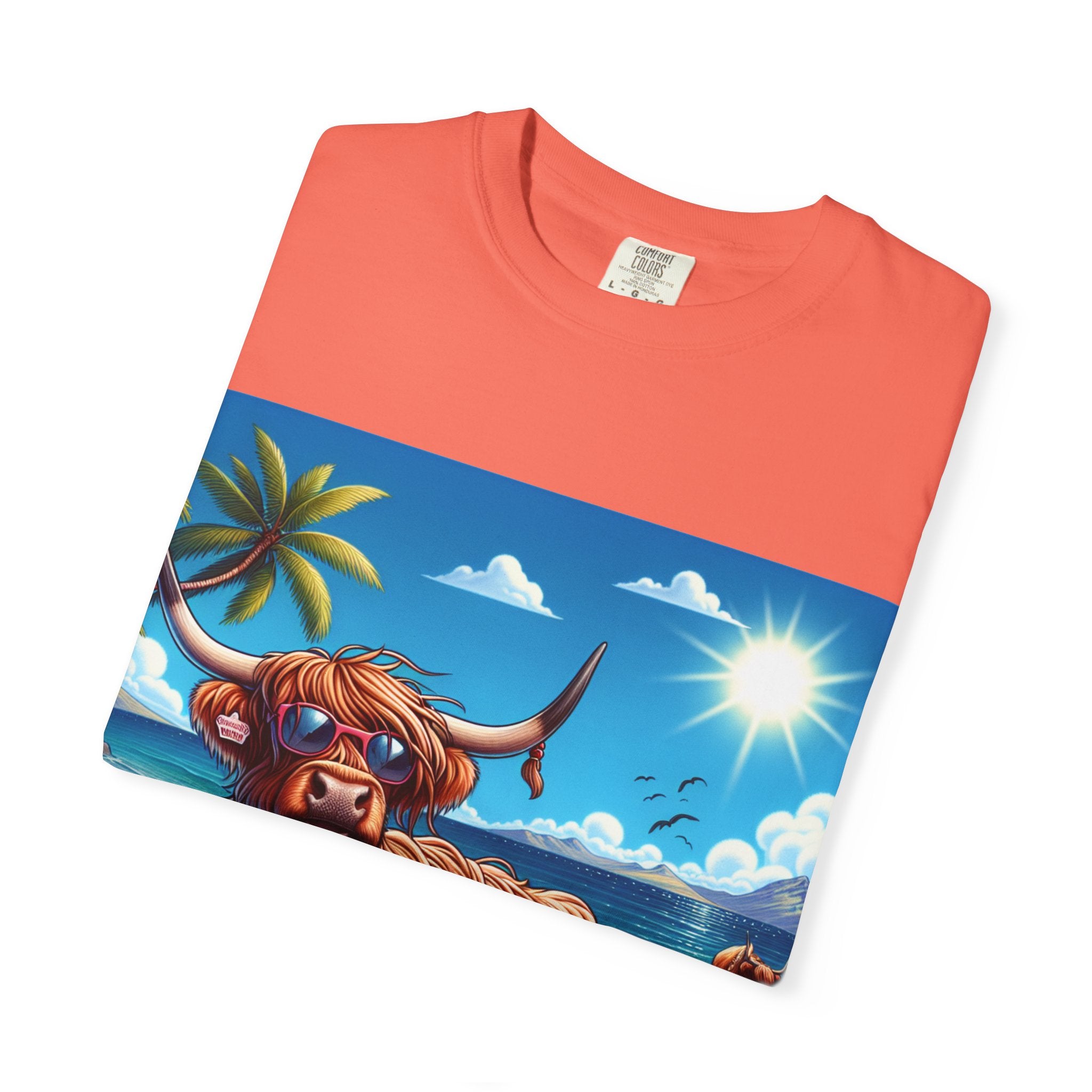 Highland Cow Beach Vibe T-Shirt, Garment-Dyed, Summer Apparel, Relaxed Fit Tee, Perfect for Beach Days, Gift for Animal Lovers