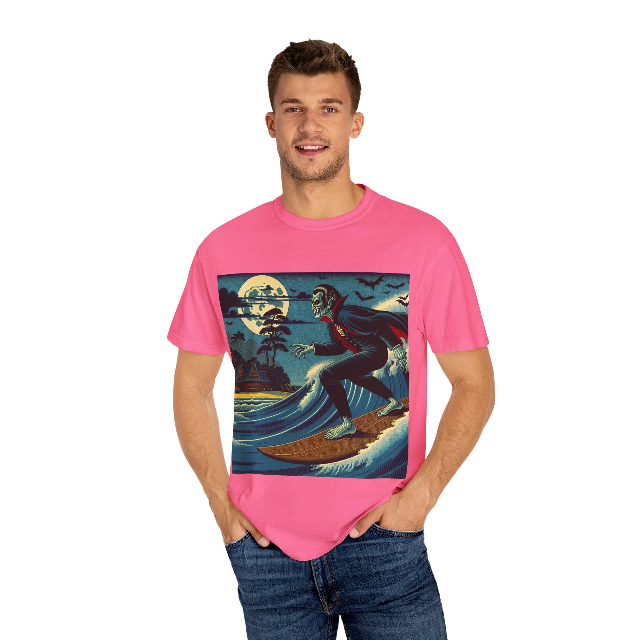 Surfing Vampire T-Shirt, Halloween Shirt, Unisex Graphic Tee, Casual Wear for Surf Lovers, Spooky Summer Fashion