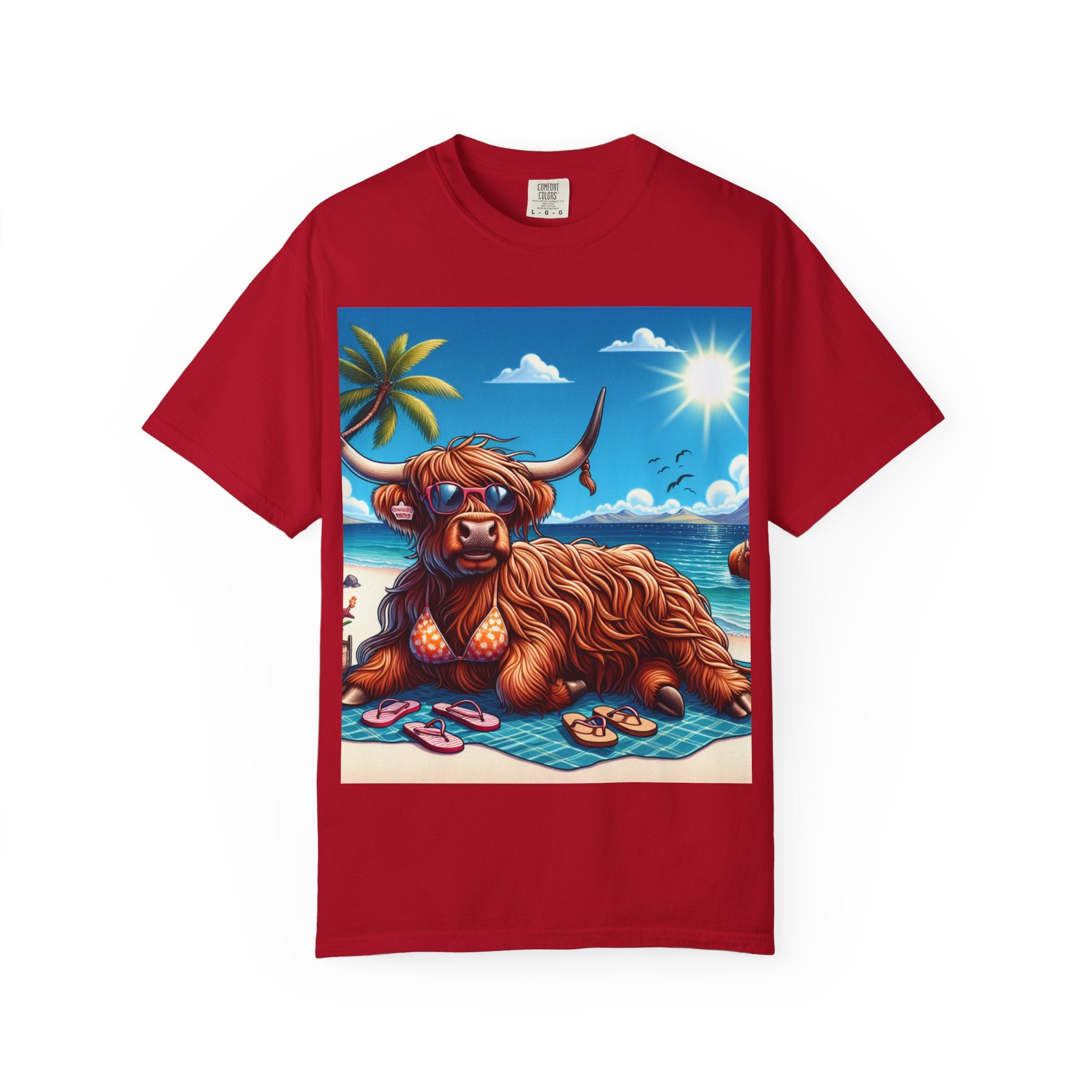 Beachy Highland Cow T-shirt | Unisex Garment-Dyed Tee, Relaxed Summer Fashion, Animal Lover Gift, Vacation Wear, Fun Graphic Tee
