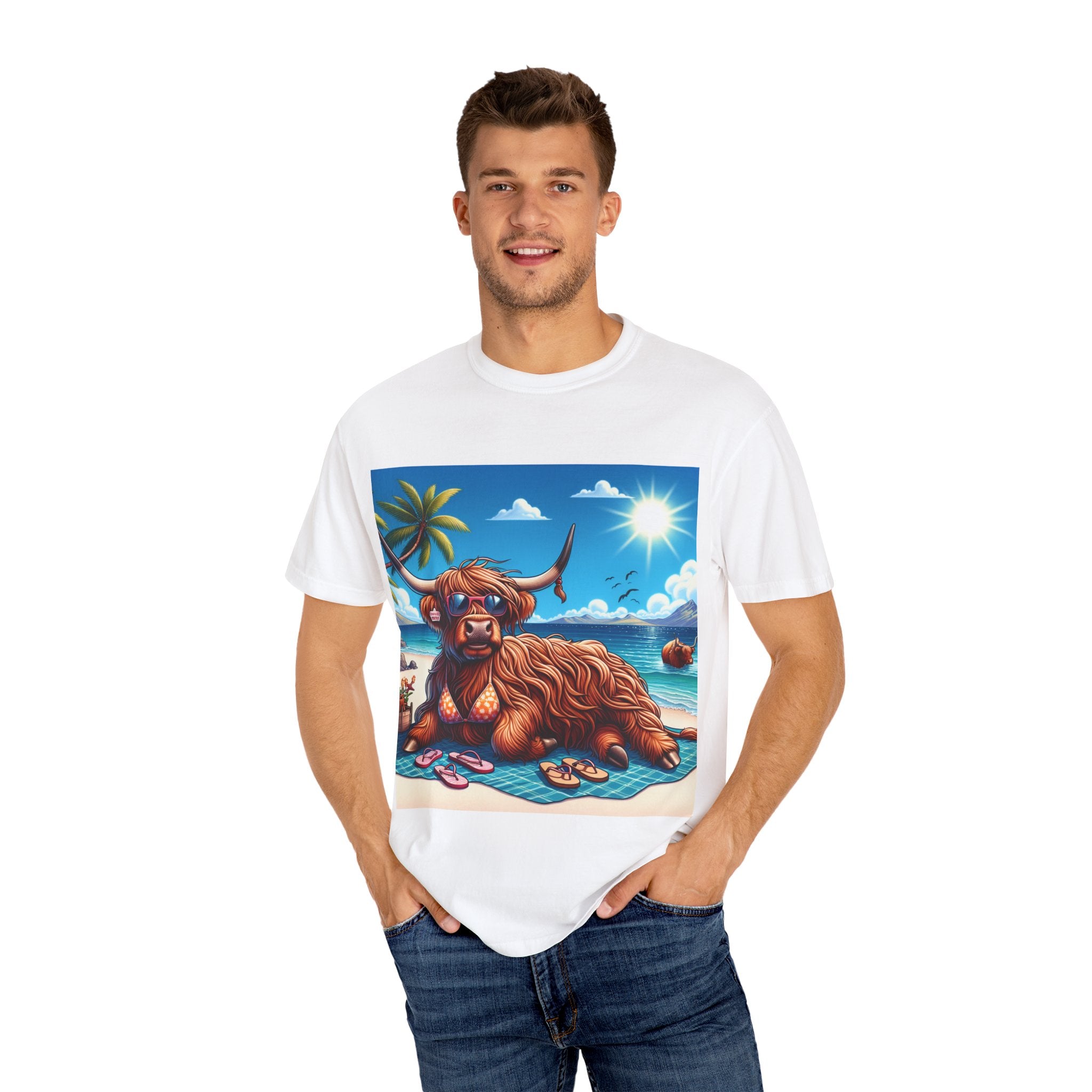 Highland Cow Beach Vibe T-Shirt, Garment-Dyed, Summer Apparel, Relaxed Fit Tee, Perfect for Beach Days, Gift for Animal Lovers