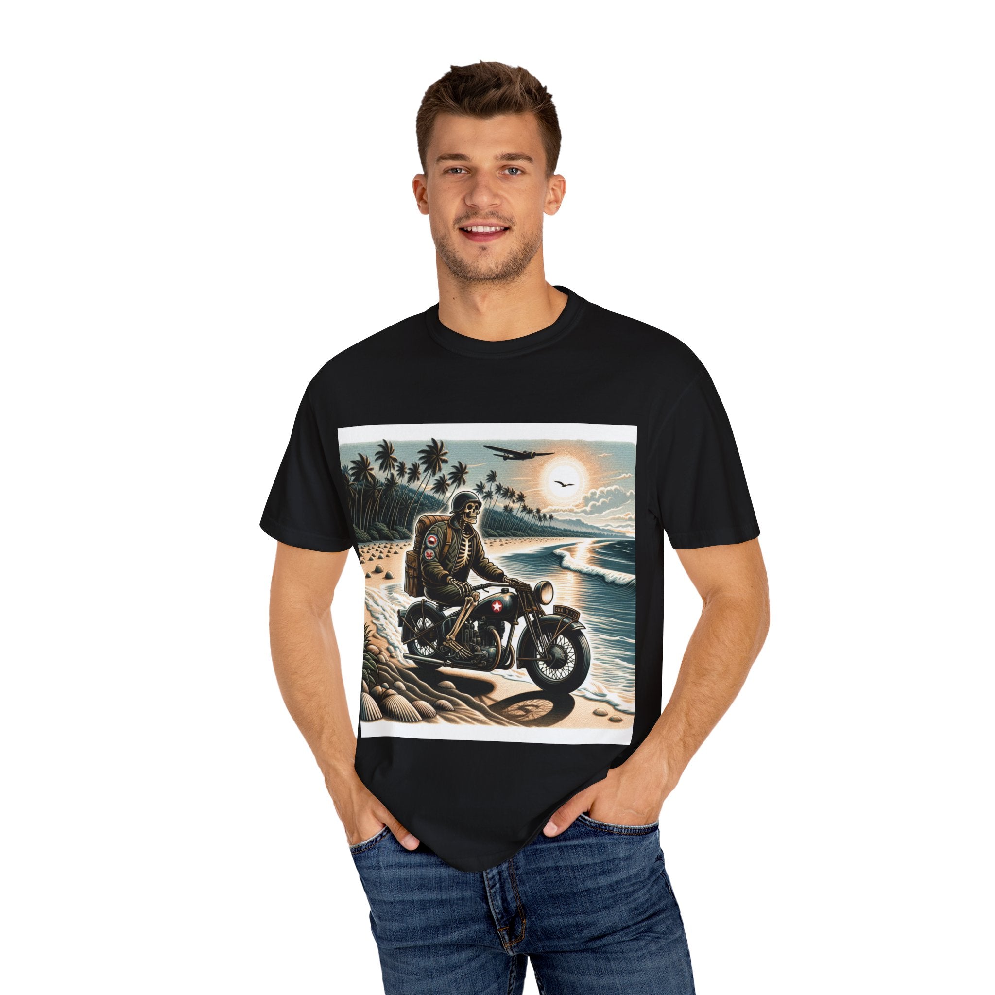 Vintage Motorcycle Beach T-Shirt, Relaxed Style Tee for Bikers, Unisex Graphic Top, Beach Lovers Gift, Adventure Apparel