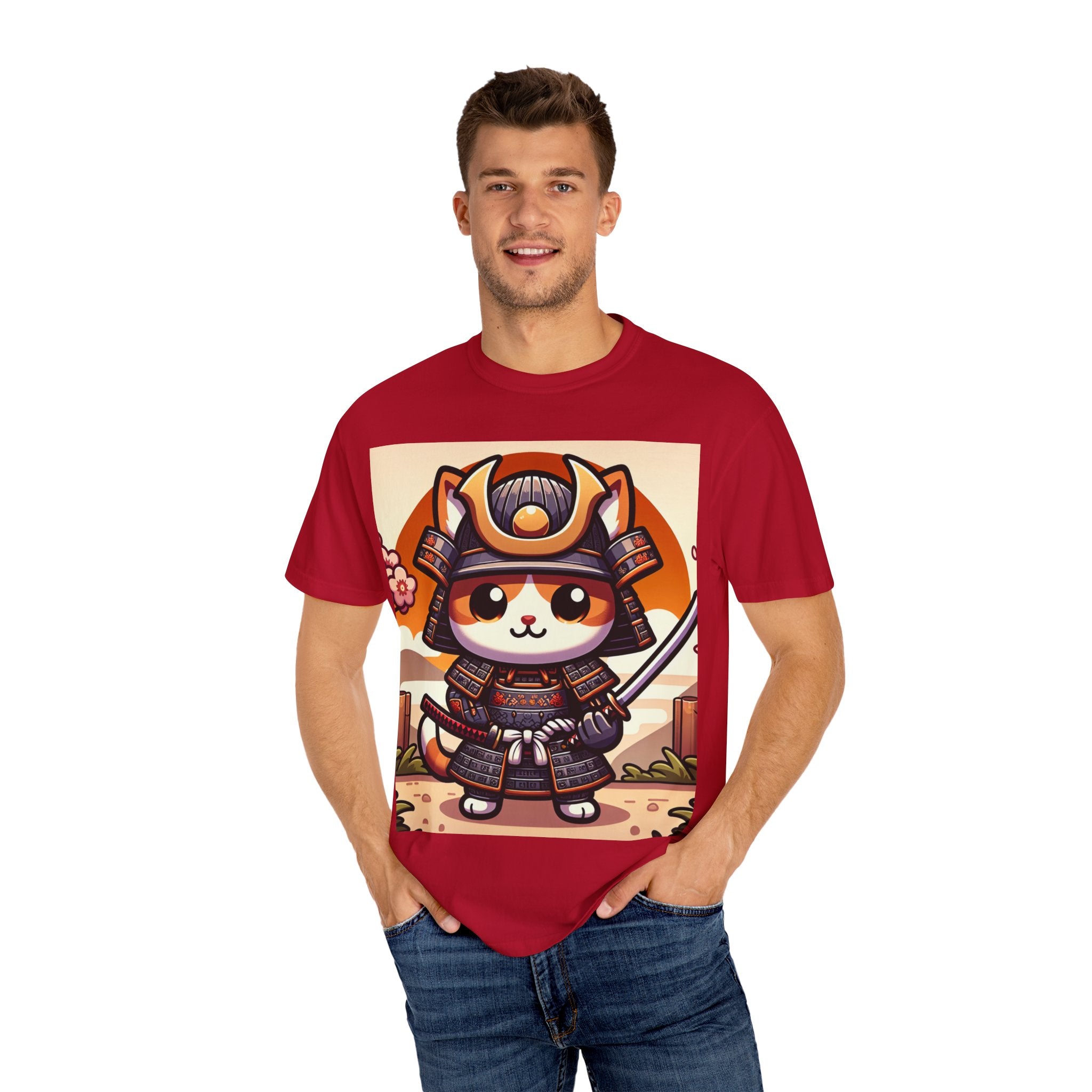 Samurai Cat T-shirt, Unisex Vintage Tee, Cute Cat Lover Gift, Anime Inspired Shirt, Perfect for Pet Lovers, Casual Streetwear
