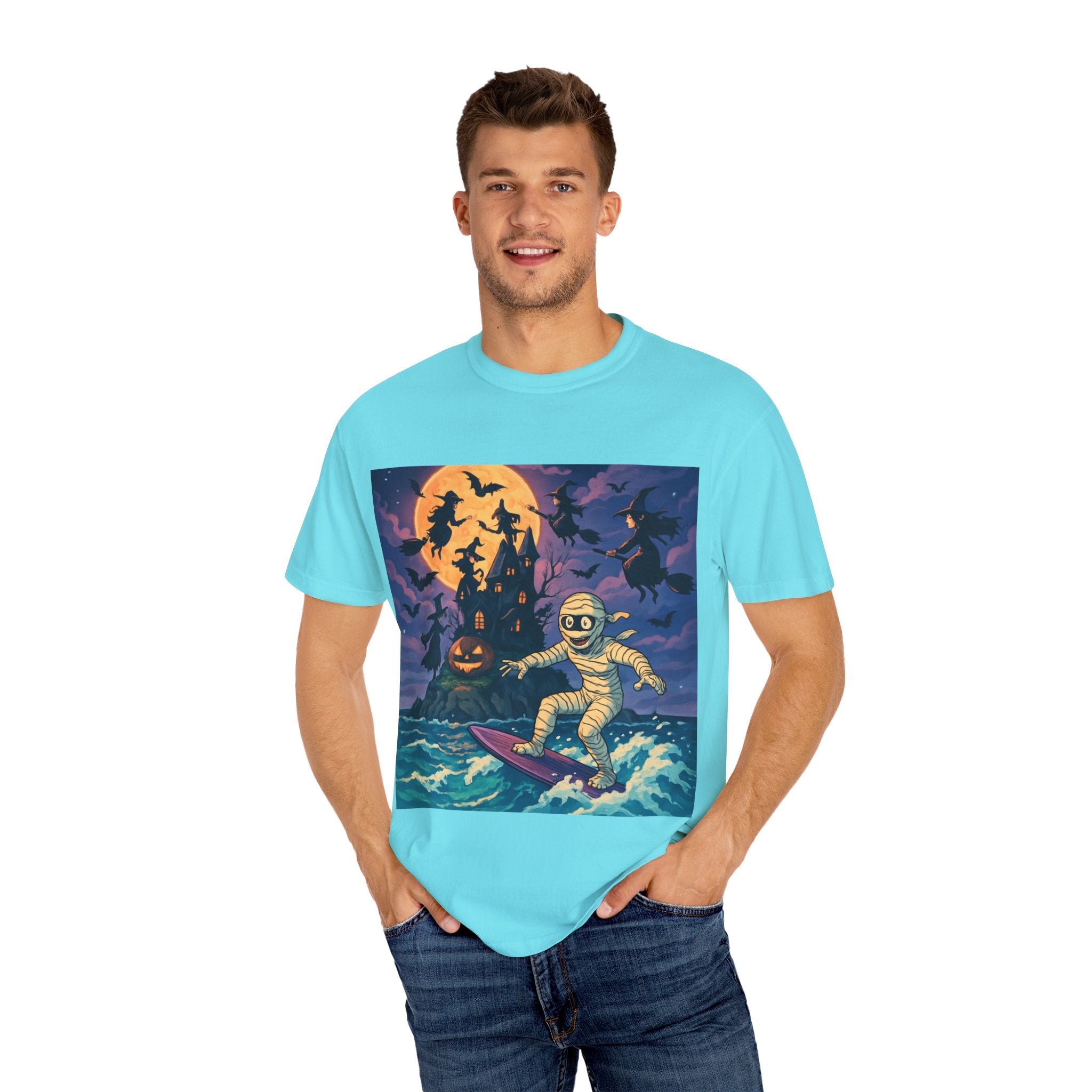 Surfer Moonlight T-Shirt - Garment-Dyed Unisex Tee, Beach Vibes, Summer Essentials, Retro Art, Gift for Surfers
