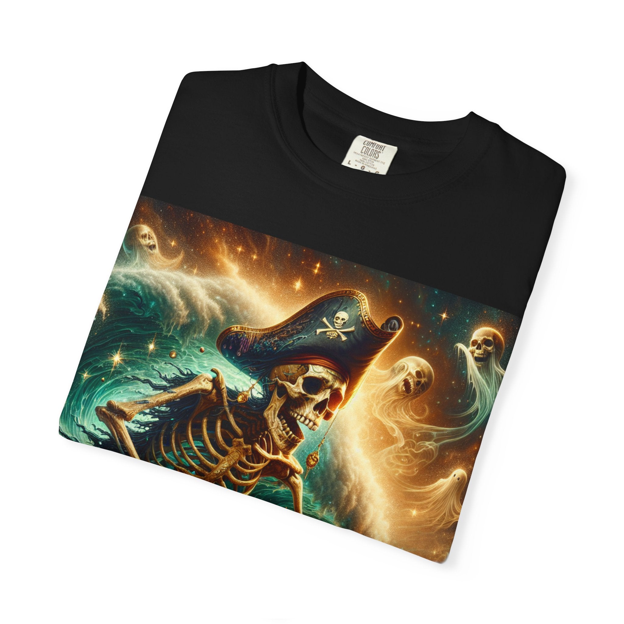 Surfing Skeleton Graphic T-shirt, Halloween Apparel, Pirate T-shirt, Unisex Summer Shirt, Beachwear, Gift for Surfers