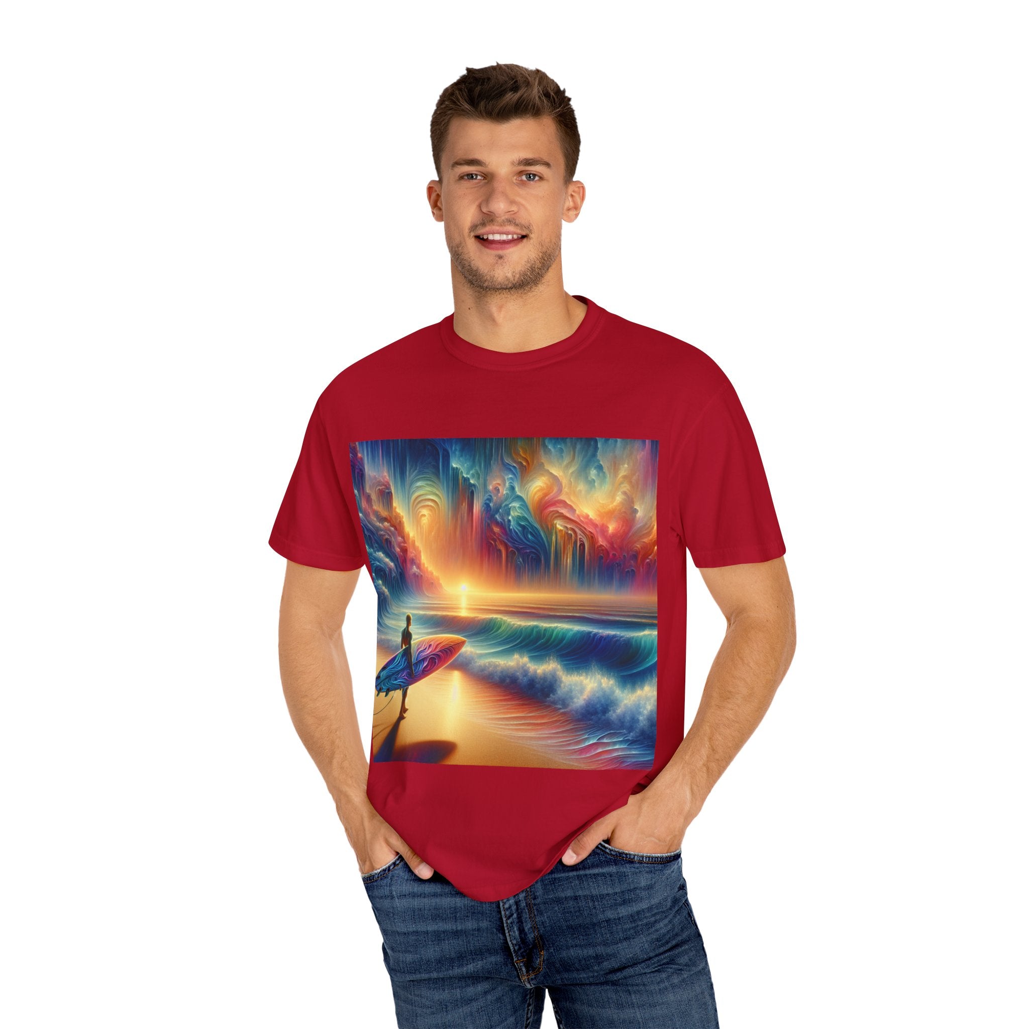 Vibrant Surfing Sunset T-Shirt, Beach Lover Gift, Summer Aesthetic, Unisex Apparel, Adventure Clothe, Travel Essential