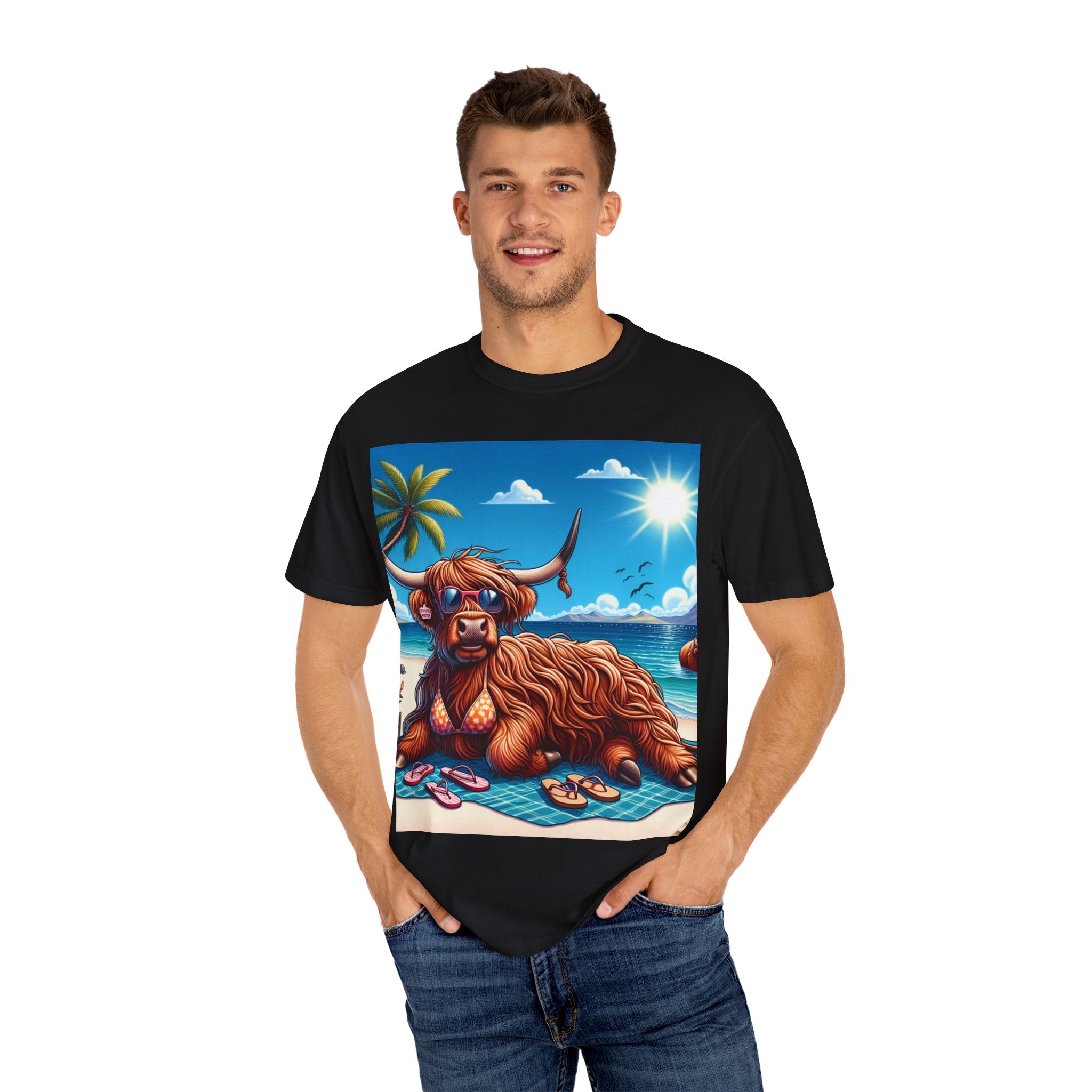 Beachy Highland Cow T-shirt | Unisex Garment-Dyed Tee, Relaxed Summer Fashion, Animal Lover Gift, Vacation Wear, Fun Graphic Tee