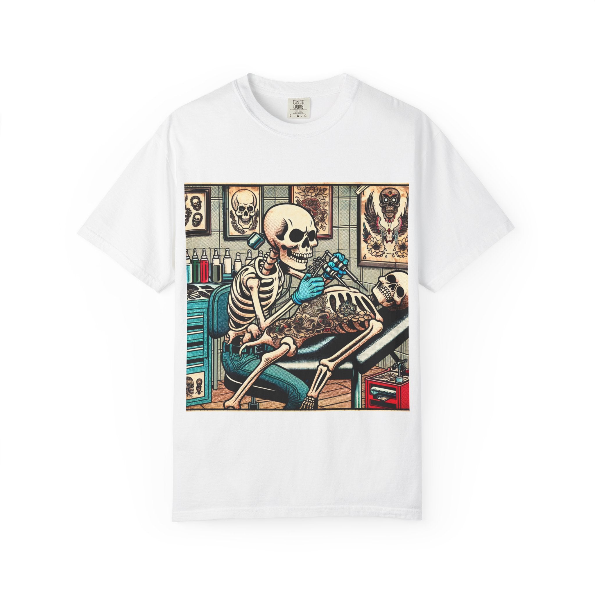 Skeleton Tattoo Shop Unisex T-Shirt, Unique Graphic Tee, Alternative Fashion, Halloween Costume, Gift for Tattoo Lovers