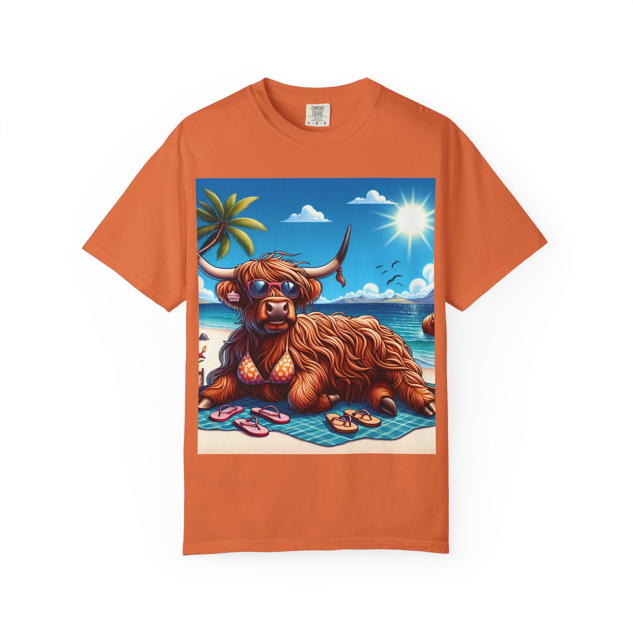 Beachy Highland Cow T-shirt | Unisex Garment-Dyed Tee, Relaxed Summer Fashion, Animal Lover Gift, Vacation Wear, Fun Graphic Tee