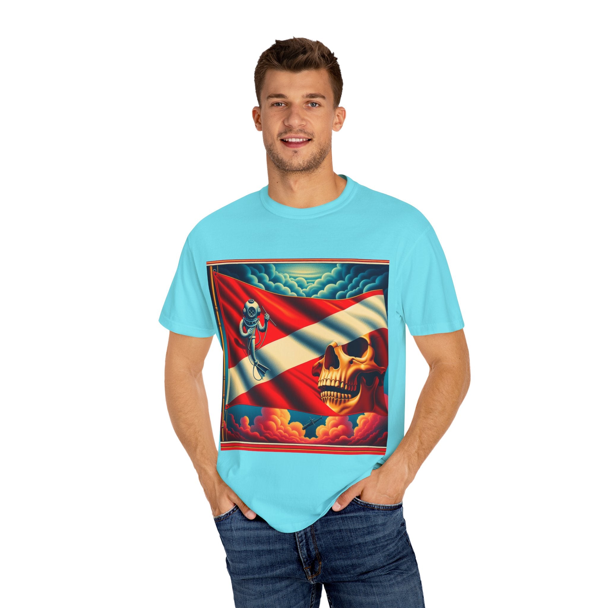 Vibrant Graphic T-shirt, Bold Skull and Astronaut Design, Unisex Casual Wear, Summer Vibes, Festival Attire, Unique Gift Idea