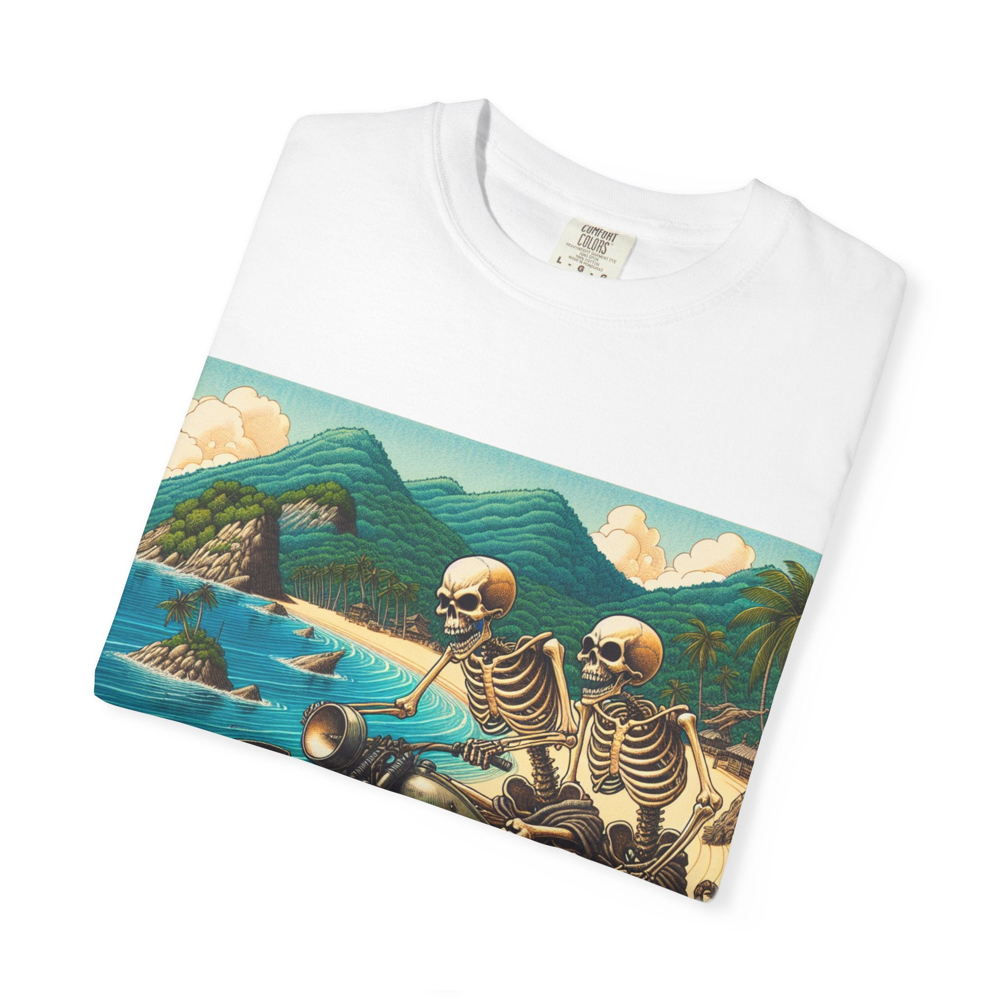 Skeleton Motorcycle Adventure T-Shirt, Casual Graphic Tee, Perfect for Bikers, Halloween, Road Trips, Vintage Style