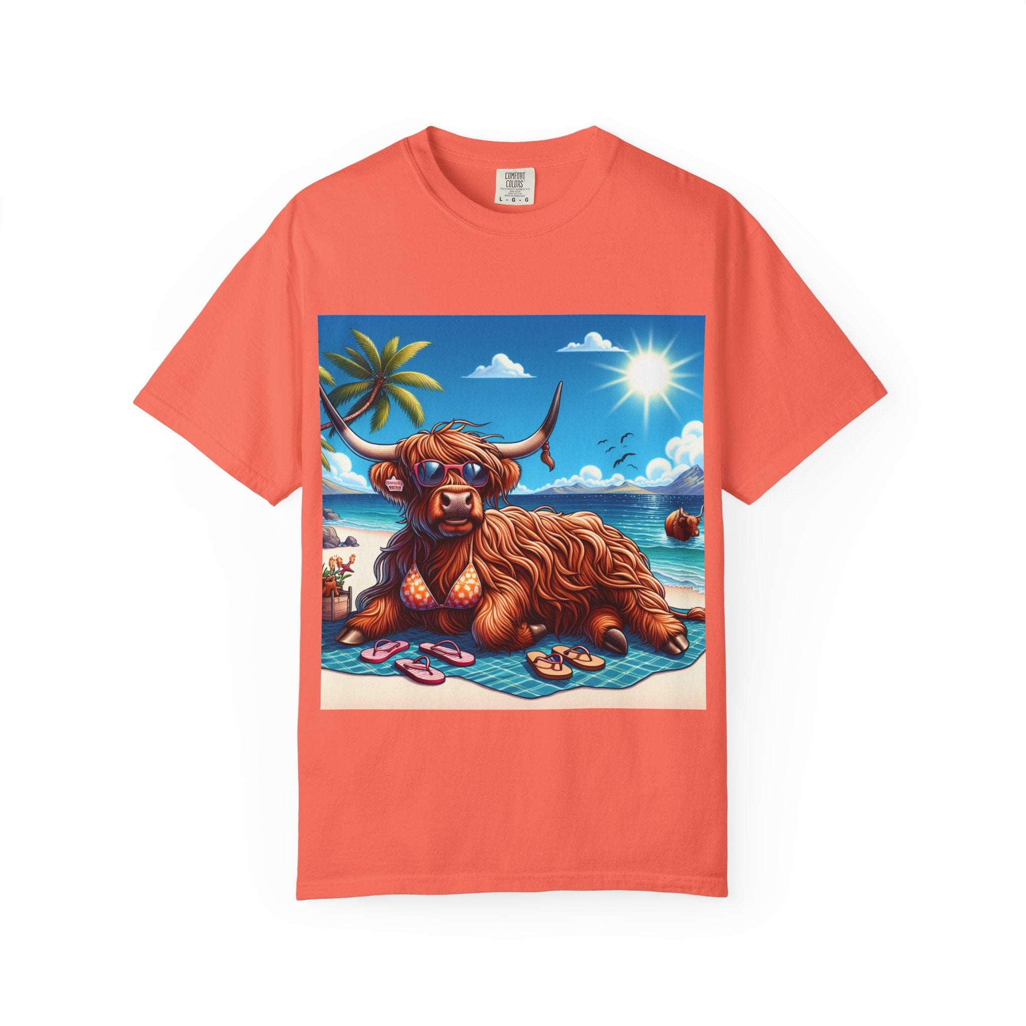 Highland Cow Beach Vibe T-Shirt, Garment-Dyed, Summer Apparel, Relaxed Fit Tee, Perfect for Beach Days, Gift for Animal Lovers