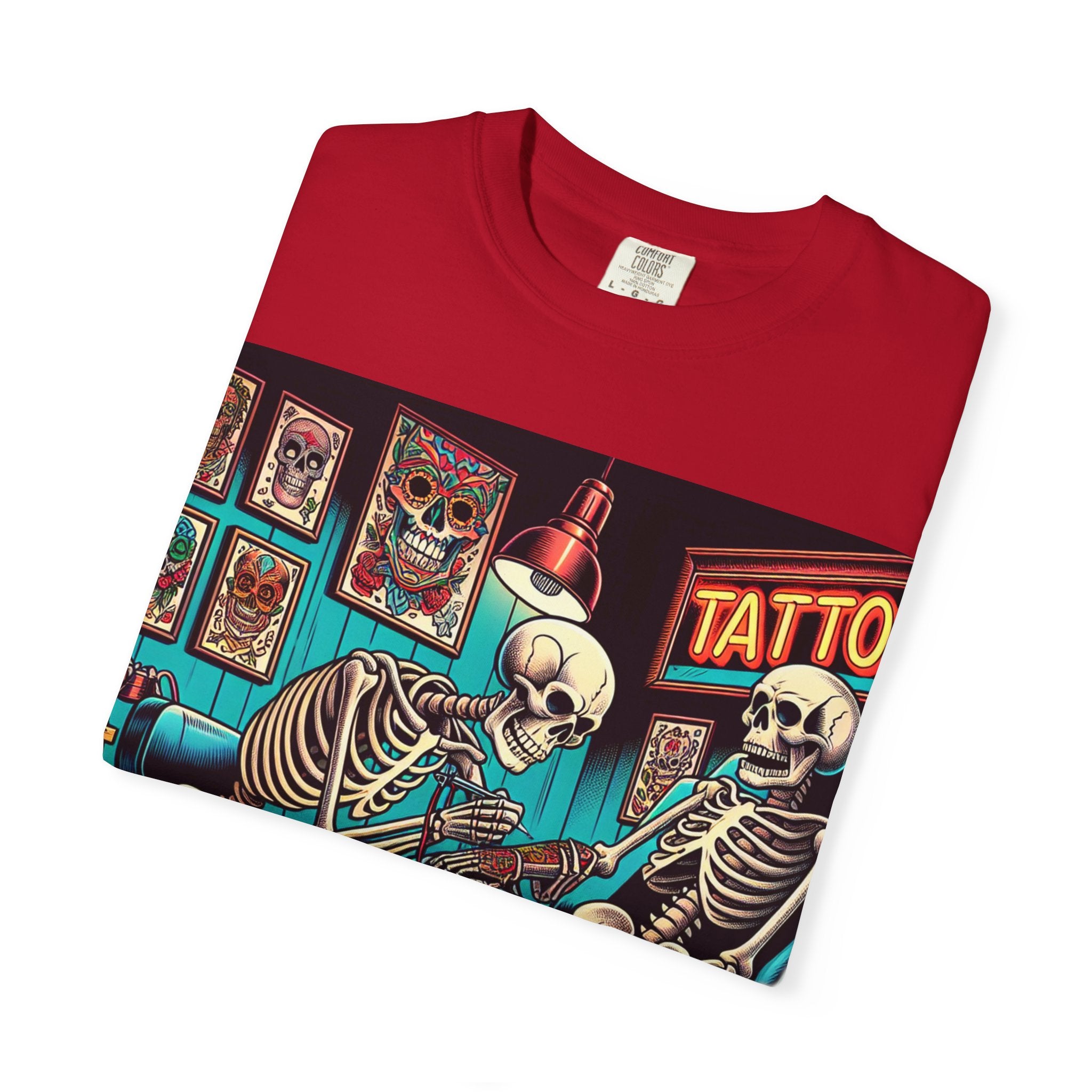 Skeleton Tattoo Parlor T-Shirt, Unisex Graphic Tee, Halloween Apparel, Gift for Tattoo Lovers, Retro Style Shirt, Unique Gift Idea