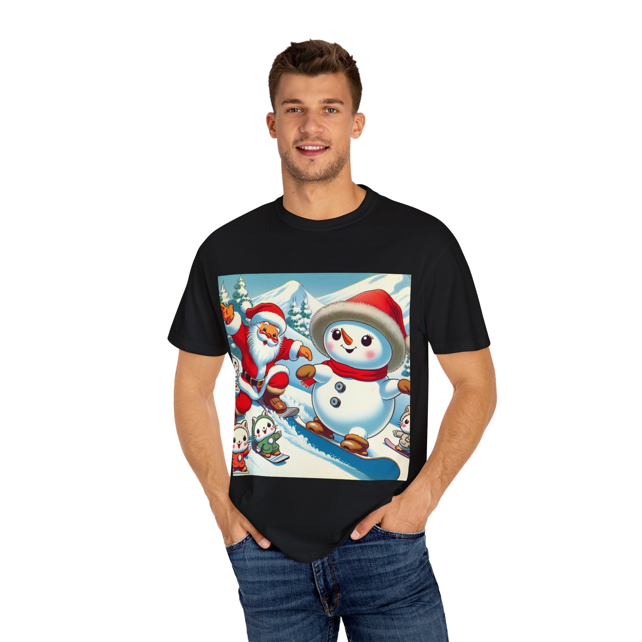 Festive Holiday T-shirt - Santa and Snowman Graphic, Christmas Gift, Unisex Tee, Winter Wear, Cute Christmas Shirt
