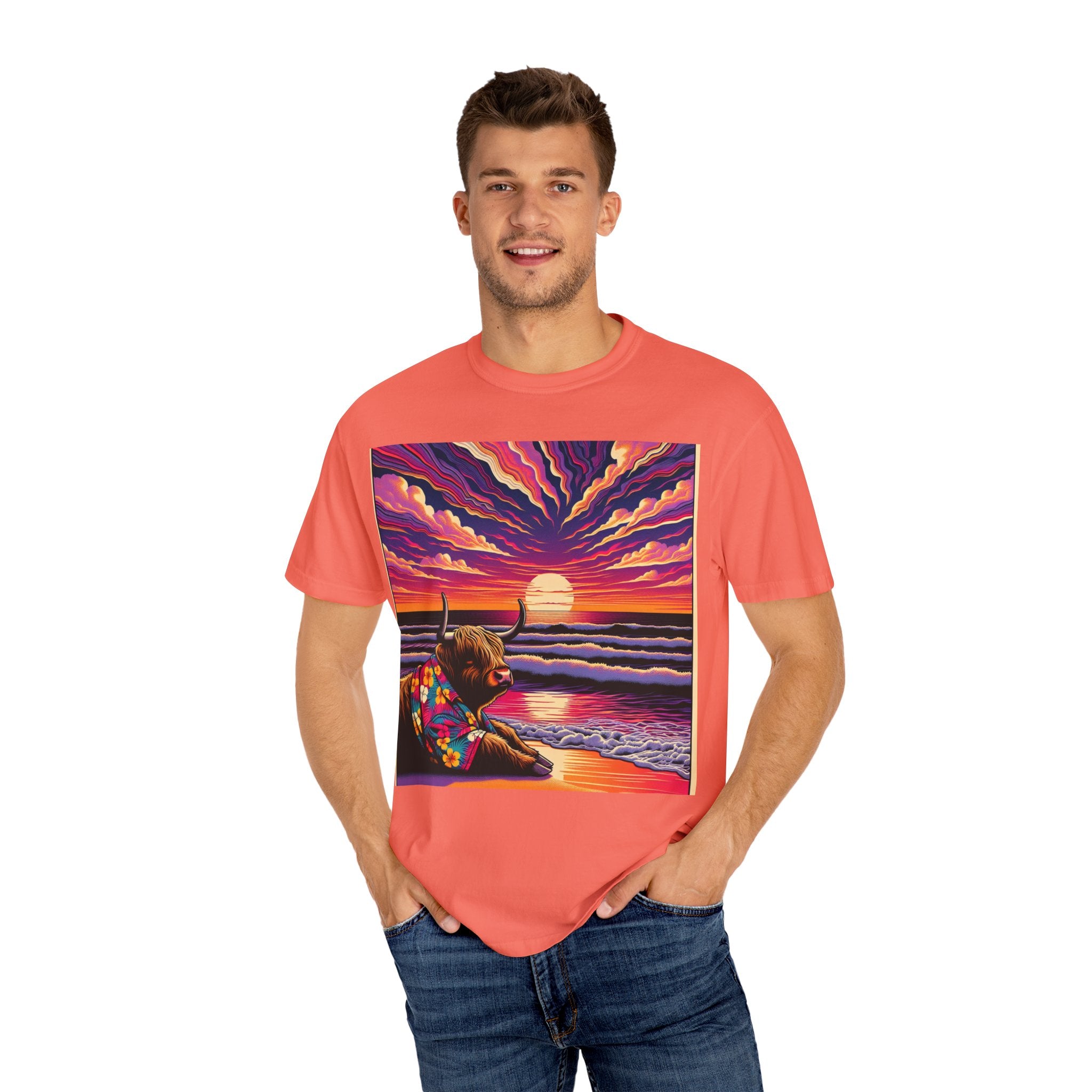 Vibrant Sunset Bull T-Shirt, Beach Vibes Tee, Colorful Summer Shirt, Unisex Graphic T-Shirt, Gift for Animal Lovers