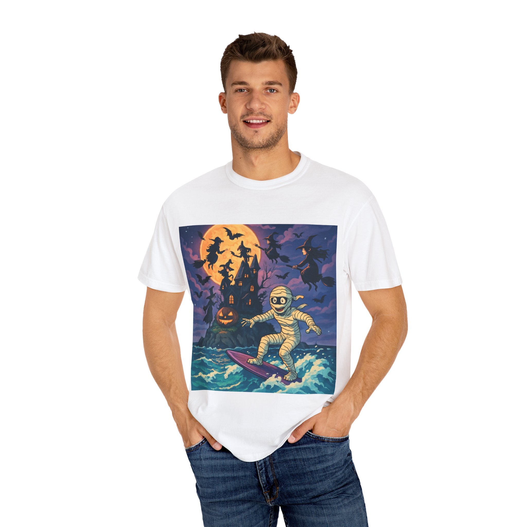 Surfer Moonlight T-Shirt - Garment-Dyed Unisex Tee, Beach Vibes, Summer Essentials, Retro Art, Gift for Surfers