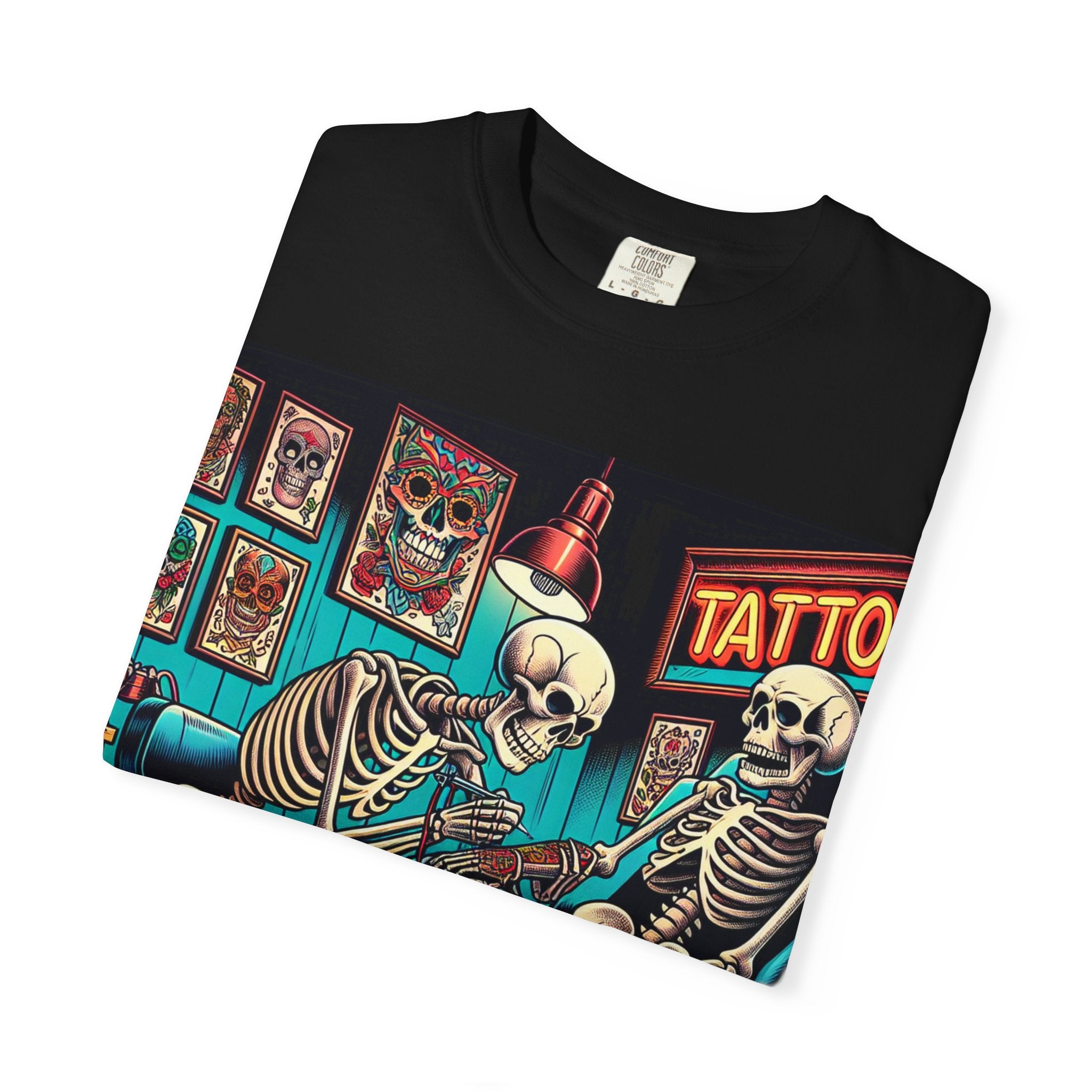 Skeleton Tattoo Parlor T-Shirt, Unisex Graphic Tee, Halloween Apparel, Gift for Tattoo Lovers, Retro Style Shirt, Unique Gift Idea