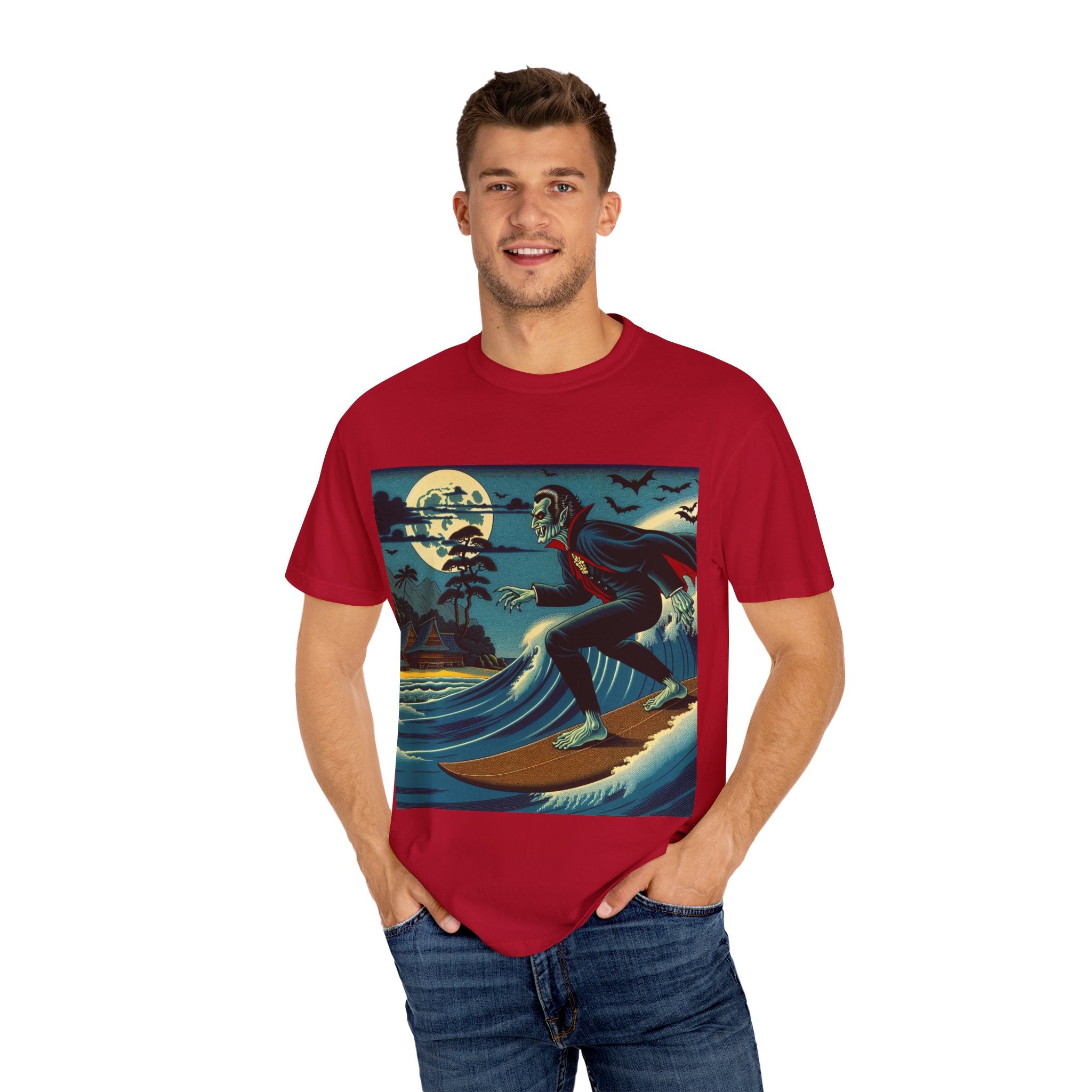 Surfing Vampire T-Shirt, Halloween Shirt, Unisex Graphic Tee, Casual Wear for Surf Lovers, Spooky Summer Fashion