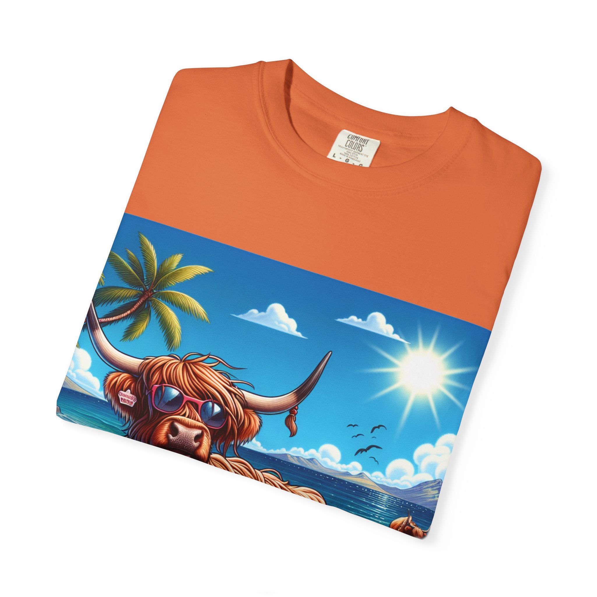 Highland Cow Beach Vibe T-Shirt, Garment-Dyed, Summer Apparel, Relaxed Fit Tee, Perfect for Beach Days, Gift for Animal Lovers