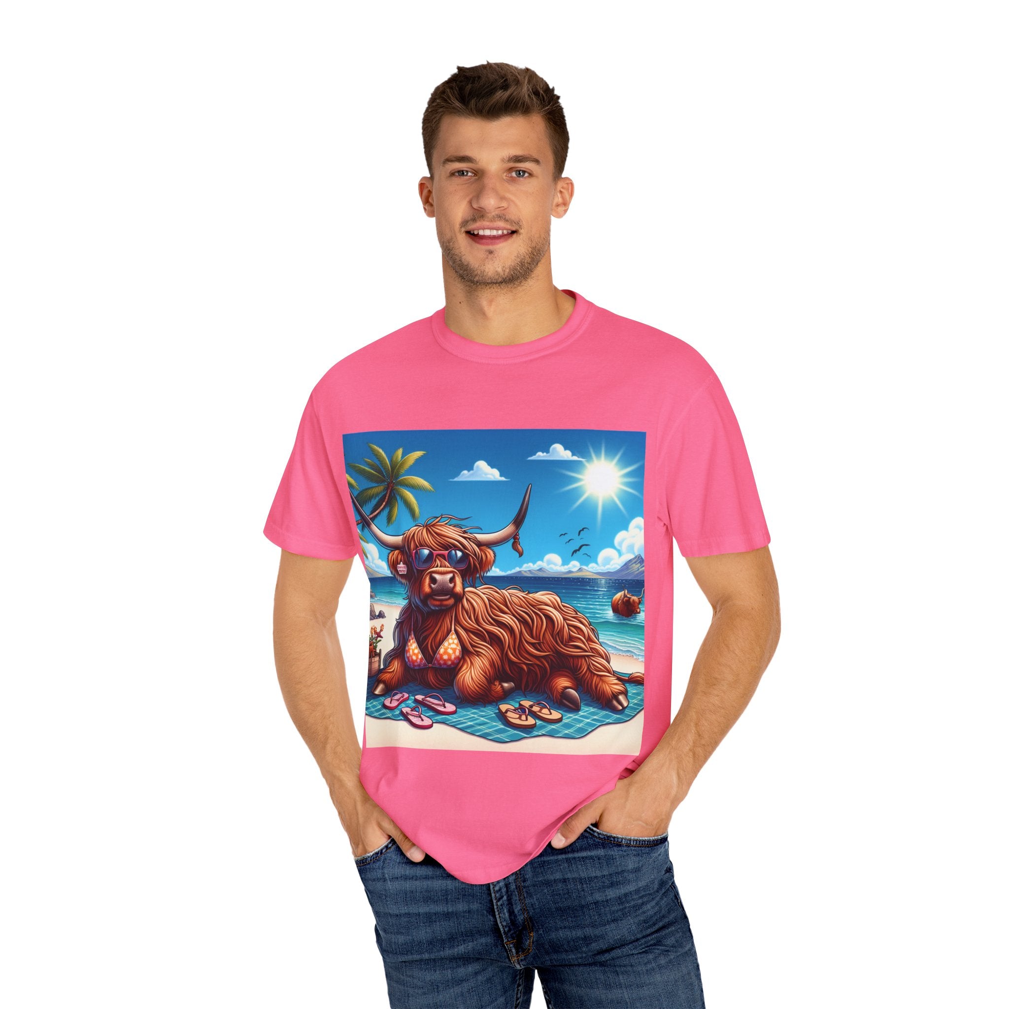 Highland Cow Beach Vibe T-Shirt, Garment-Dyed, Summer Apparel, Relaxed Fit Tee, Perfect for Beach Days, Gift for Animal Lovers