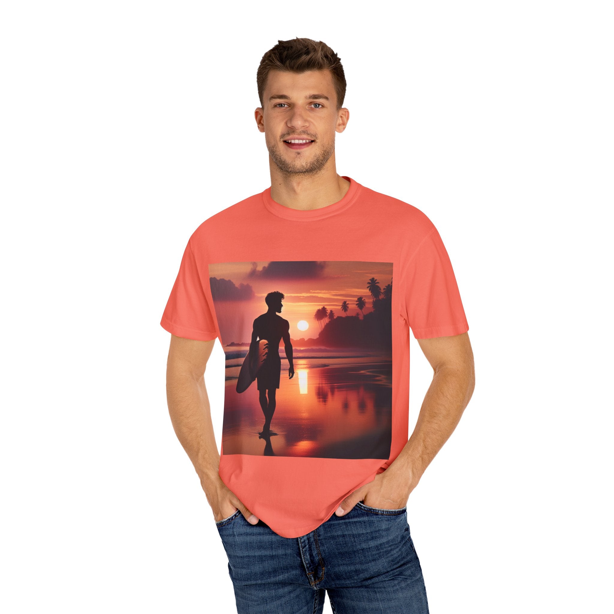 Sunset Surfer Unisex T-Shirt, Beach Vibes Tee, Perfect for Summer, Gift for Surfers, Casual Wear, Vacation Outfit, Surfing Apparel