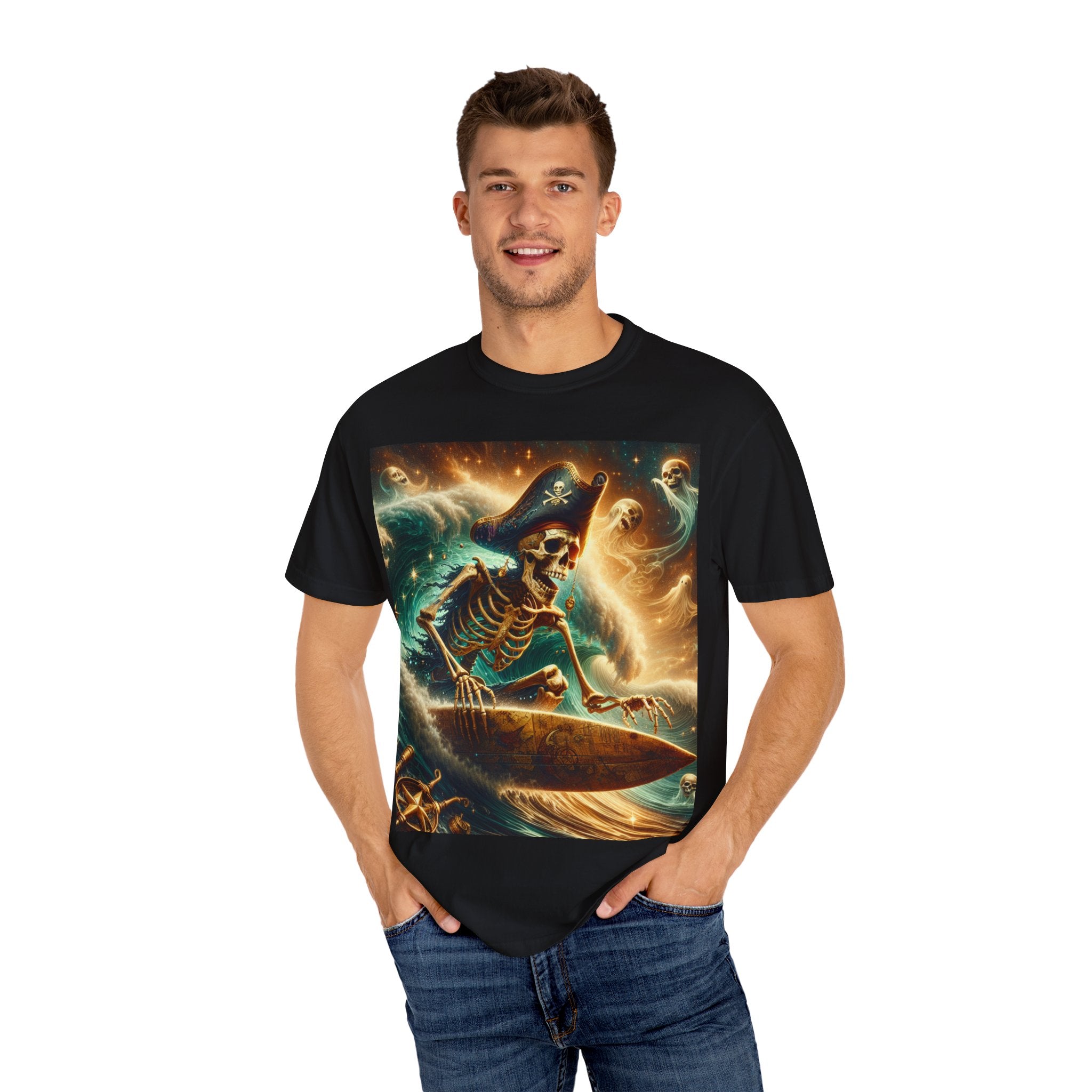 Surfing Skeleton Graphic T-shirt, Halloween Apparel, Pirate T-shirt, Unisex Summer Shirt, Beachwear, Gift for Surfers
