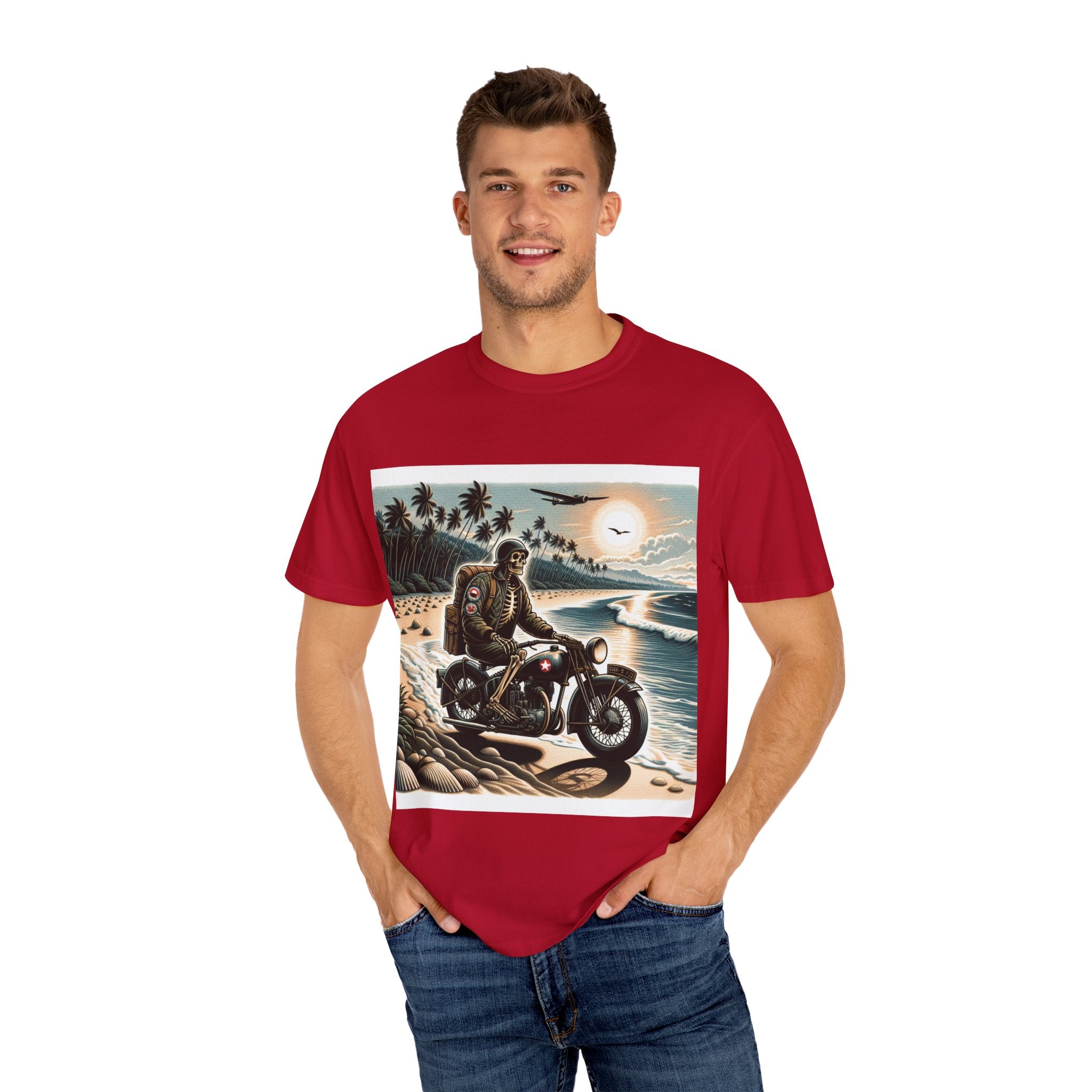 Vintage Motorcycle Beach T-Shirt, Relaxed Style Tee for Bikers, Unisex Graphic Top, Beach Lovers Gift, Adventure Apparel