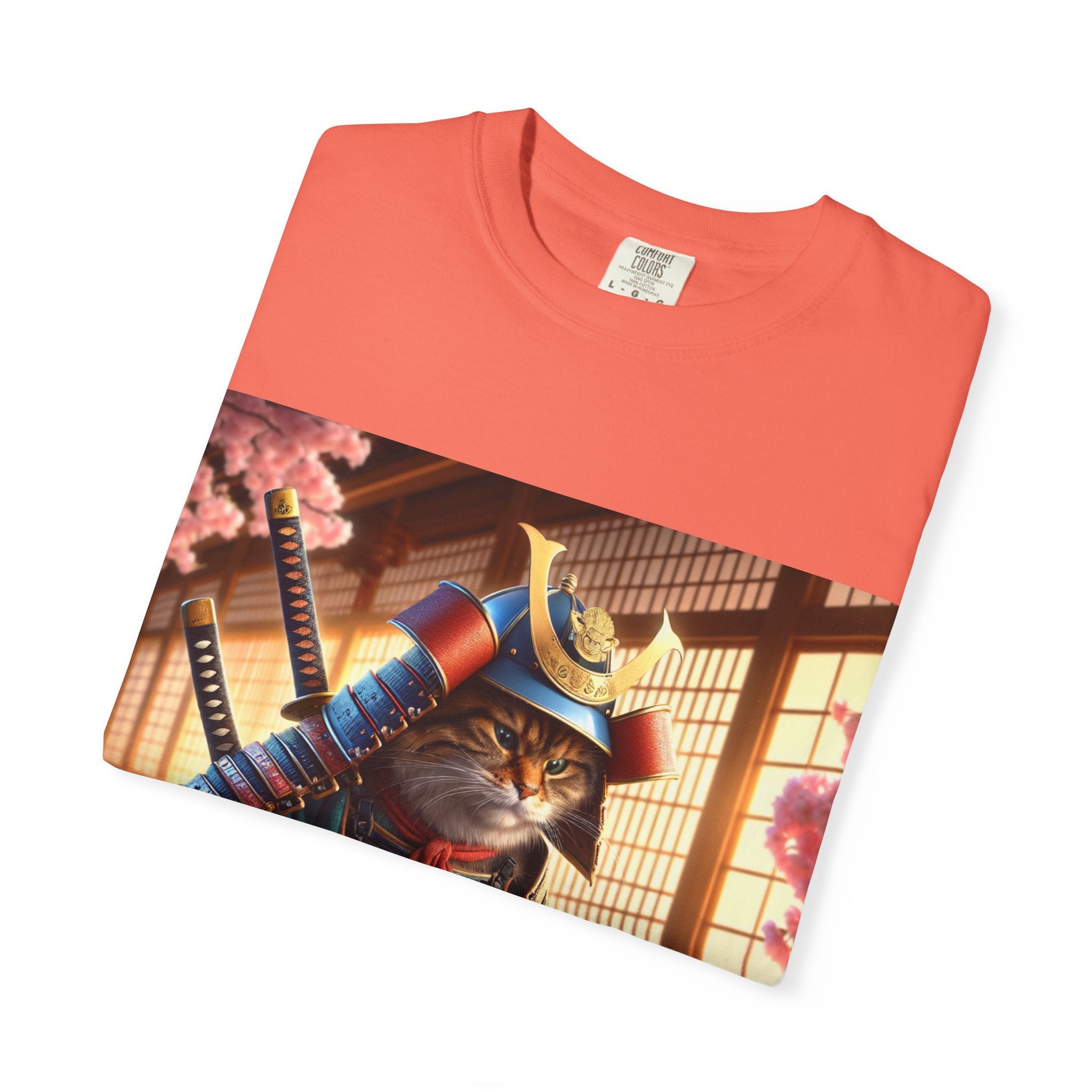 Samurai Cat T-Shirt, Cool Cat Tee, Sushi Lover Gift, Unique Graphic Shirt, Unisex Apparel, Fun Pet Gift