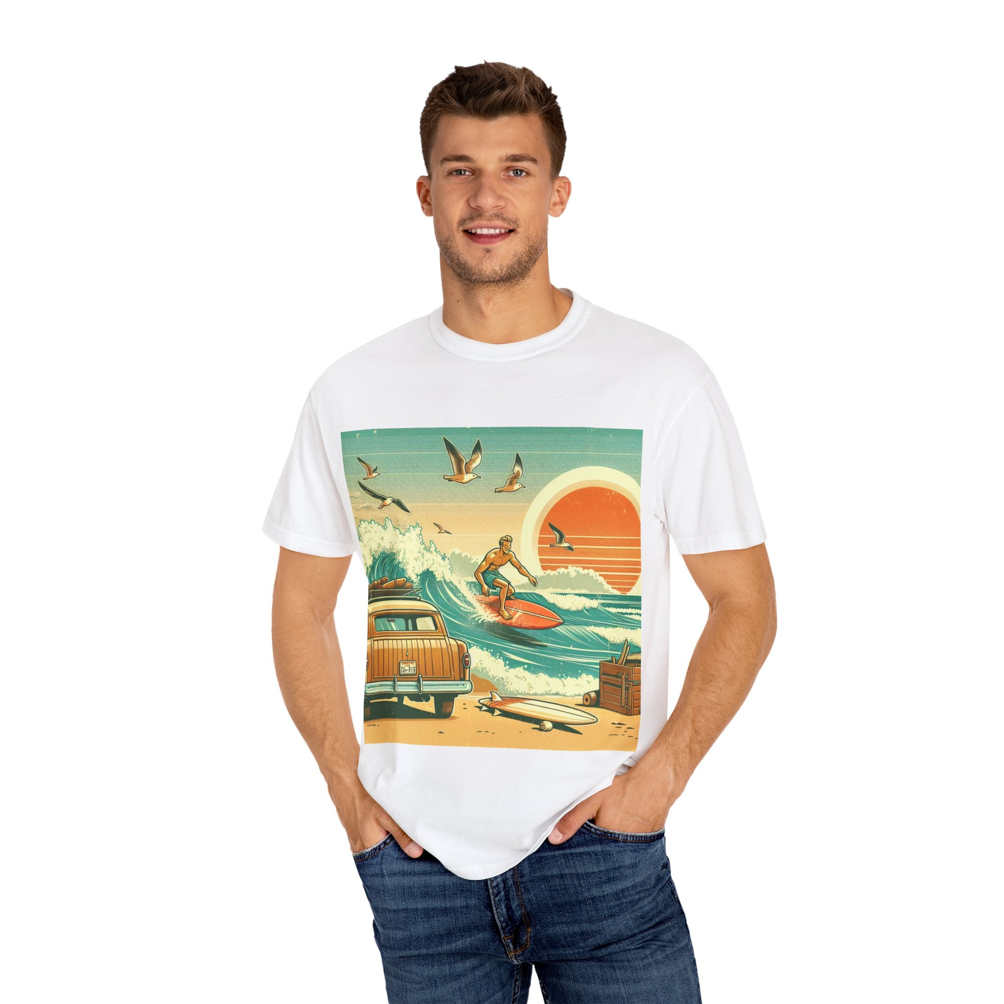 Retro Surf Adventure T-shirt, Vintage Beach Tee, Summer Vibes Shirt, Graphic Surfing Apparel, Gift for Beach Lovers