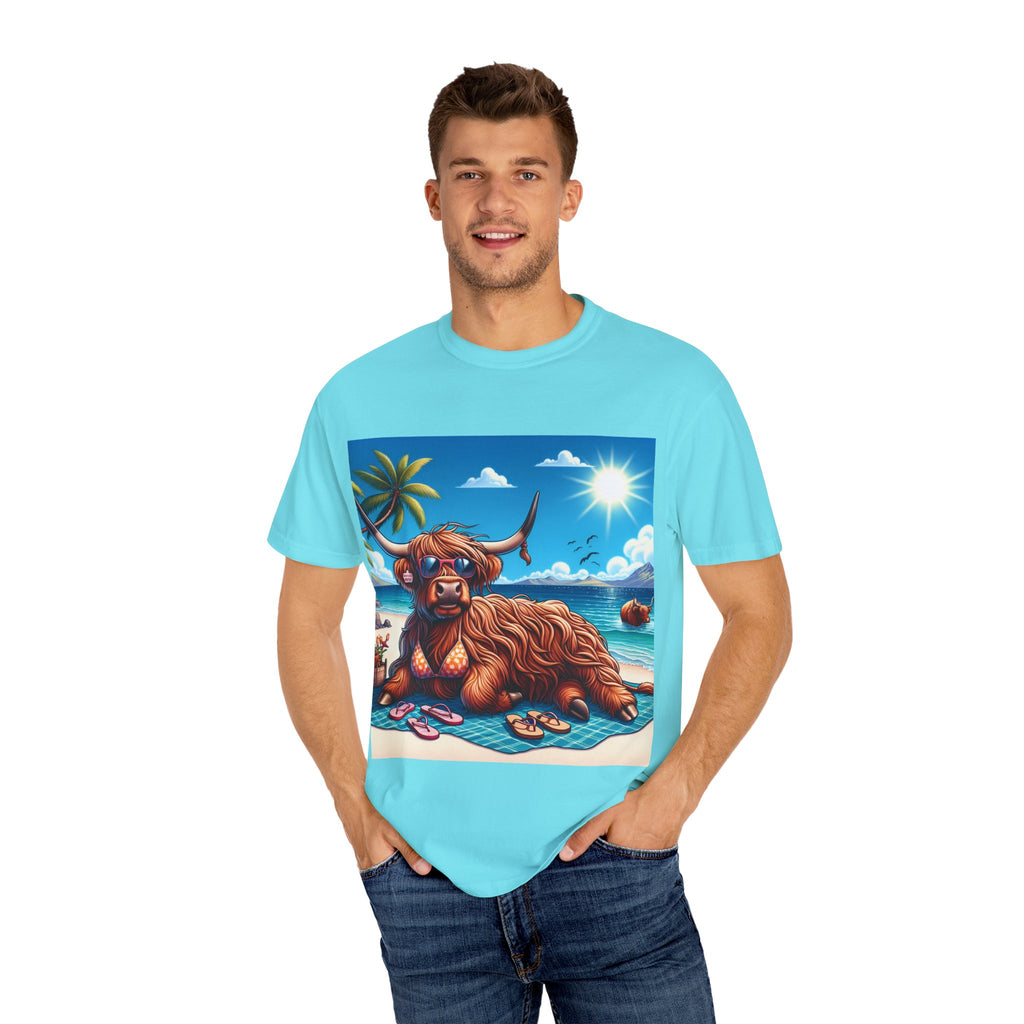 Highland Cow Beach Vibe T-Shirt, Garment-Dyed, Summer Apparel, Relaxed Fit Tee, Perfect for Beach Days, Gift for Animal Lovers