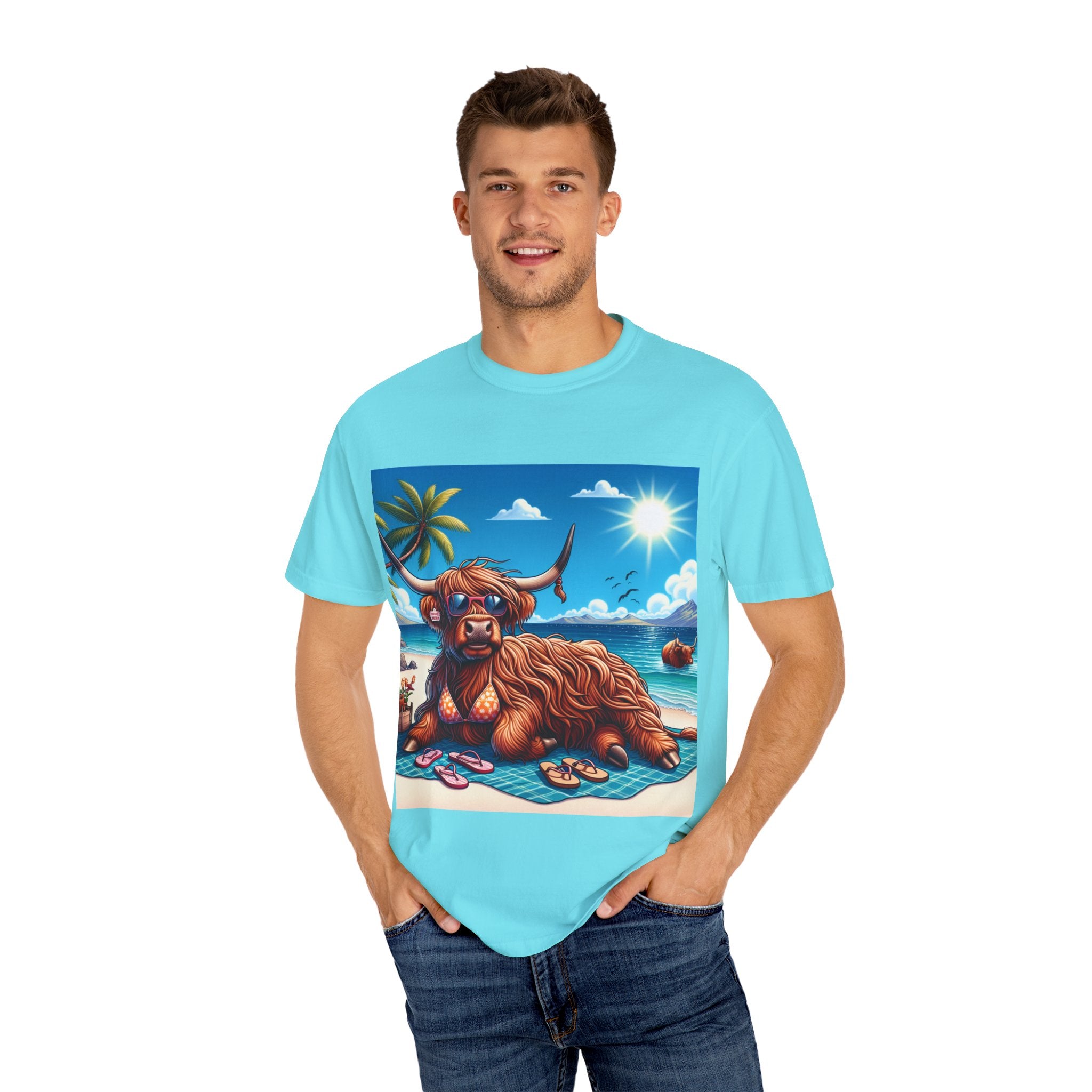 Highland Cow Beach Vibe T-Shirt, Garment-Dyed, Summer Apparel, Relaxed Fit Tee, Perfect for Beach Days, Gift for Animal Lovers