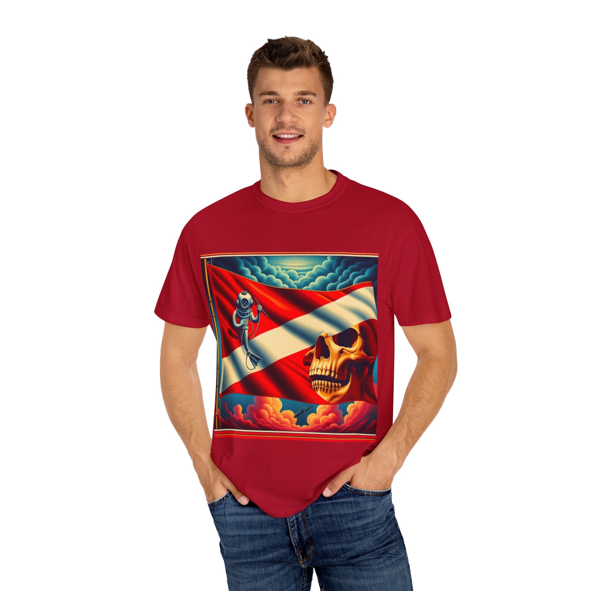 Vibrant Graphic T-shirt, Bold Skull and Astronaut Design, Unisex Casual Wear, Summer Vibes, Festival Attire, Unique Gift Idea