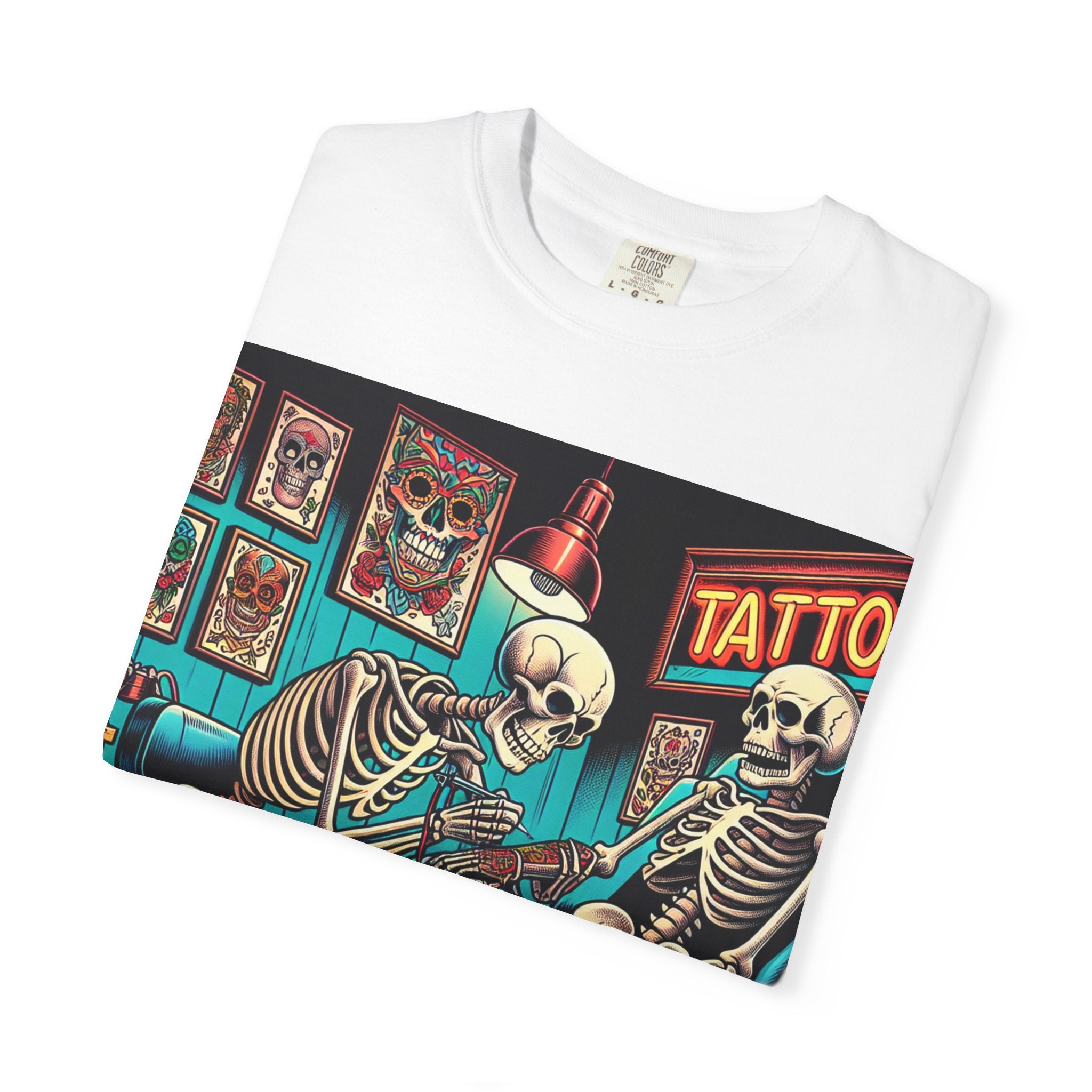Skeleton Tattoo Parlor T-Shirt, Unisex Graphic Tee, Halloween Apparel, Gift for Tattoo Lovers, Retro Style Shirt, Unique Gift Idea