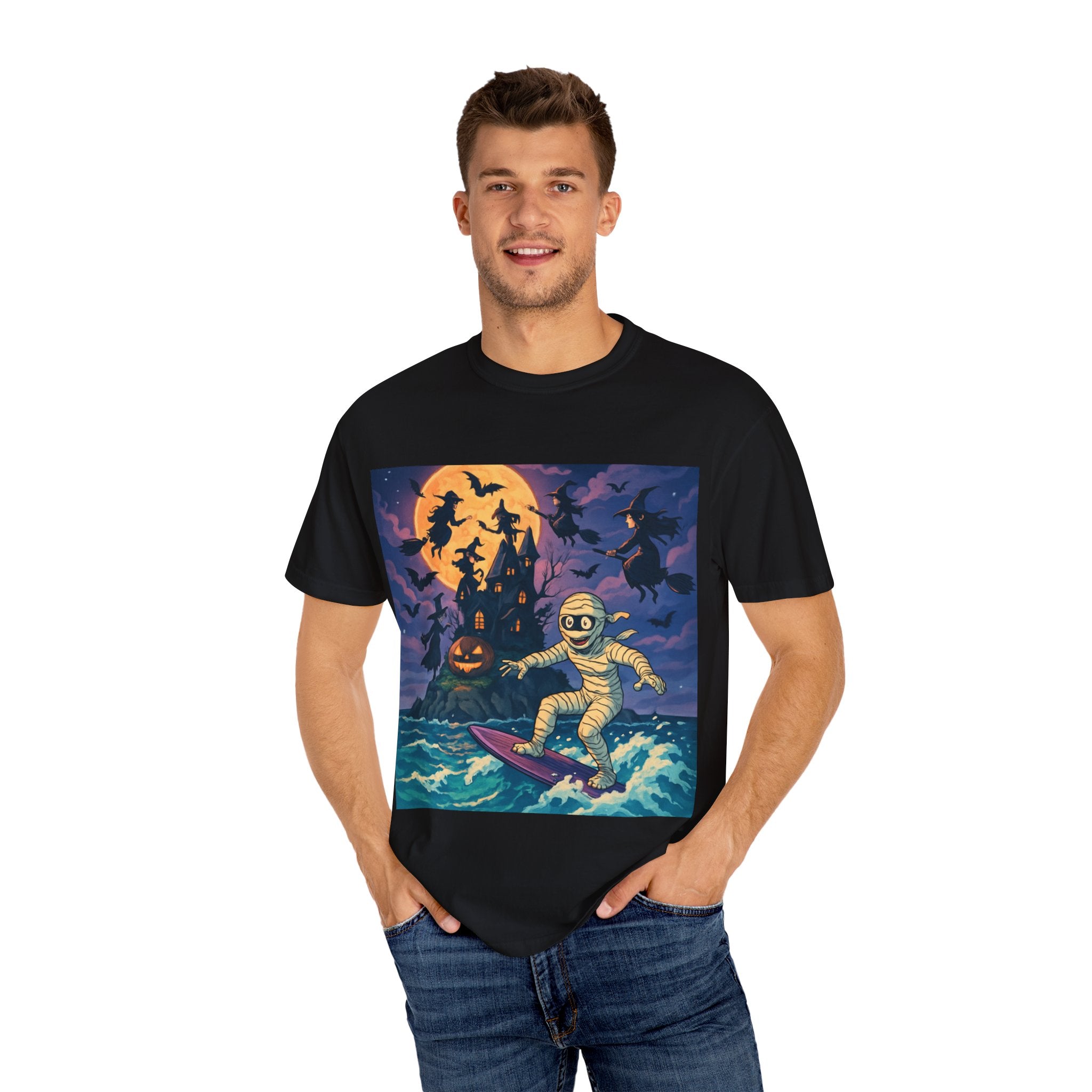 Surfer Moonlight T-Shirt - Garment-Dyed Unisex Tee, Beach Vibes, Summer Essentials, Retro Art, Gift for Surfers