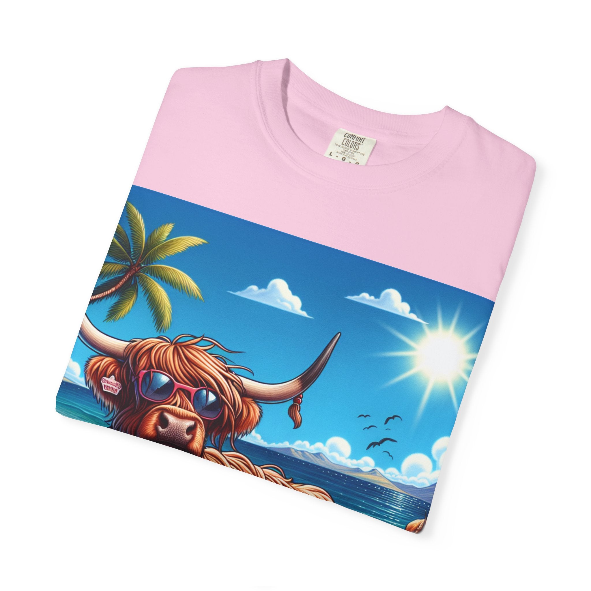 Beachy Highland Cow T-shirt | Unisex Garment-Dyed Tee, Relaxed Summer Fashion, Animal Lover Gift, Vacation Wear, Fun Graphic Tee